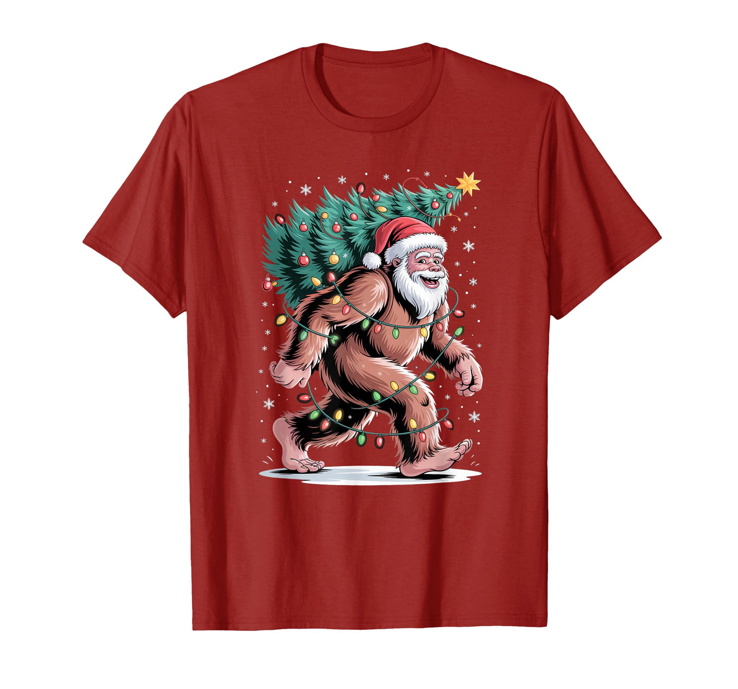 Cute Santa Bigfoot Carrying Decorated Christmas Tree T-Shirt
