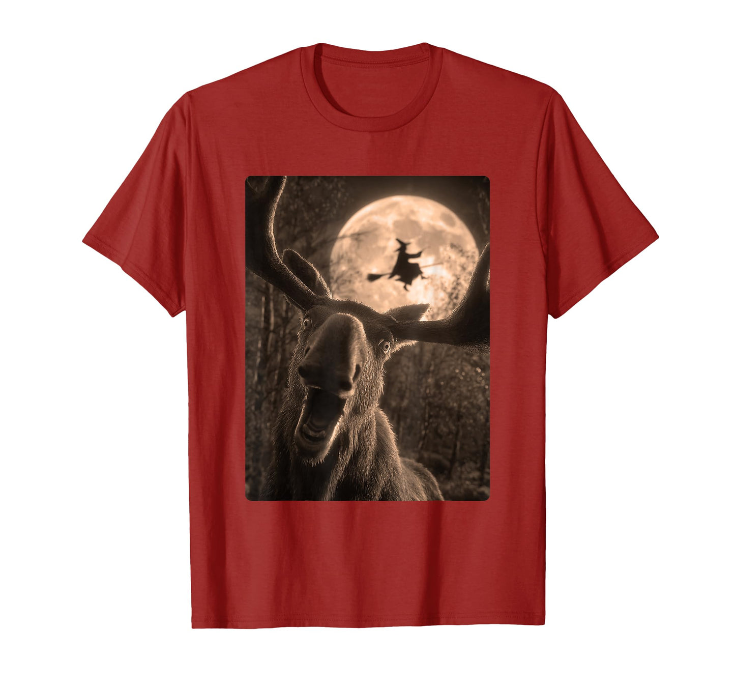 Funny Moose Selfie Full Moon Flying Witch Forest Halloween T-Shirt