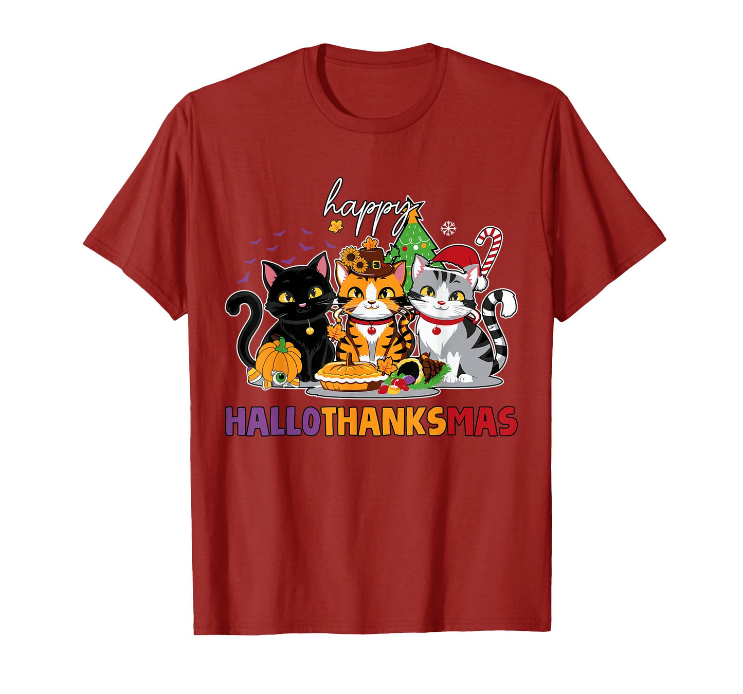 Halloween Thanksgiving Christmas Happy Hallothanksmas Cats T-Shirt