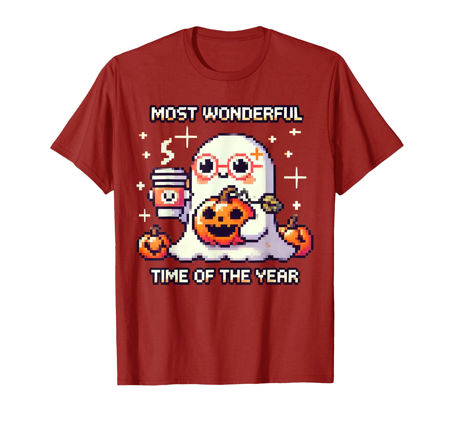 Halloween Pixel Ghost Drinking Coffee Lover Cute Ghost Gamer T-Shirt