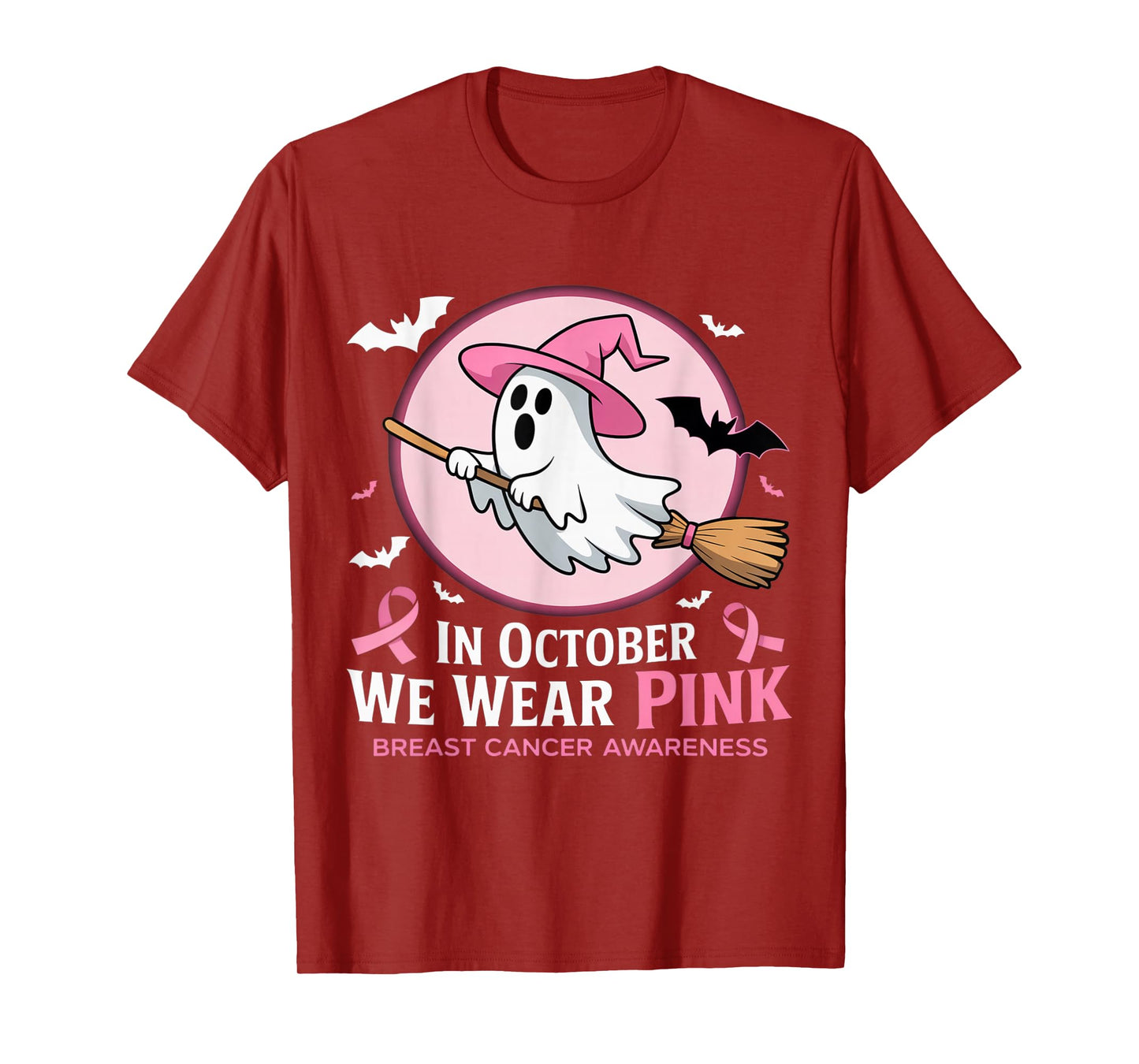 in October We Wear Pink Ghost Witch Breast Cancer Awareness T-Shirt