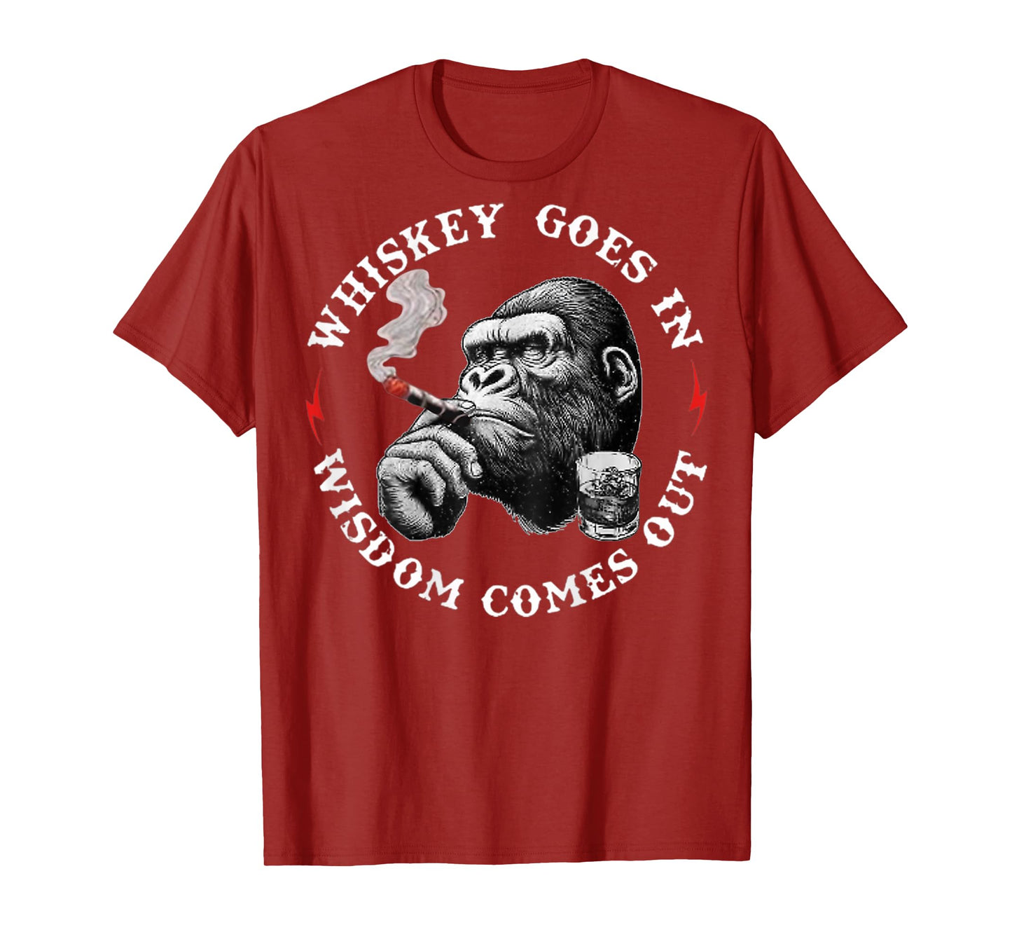 Whiskey Goes in Wisdom Comes Out Funny Monkey (On Back) T-Shirt
