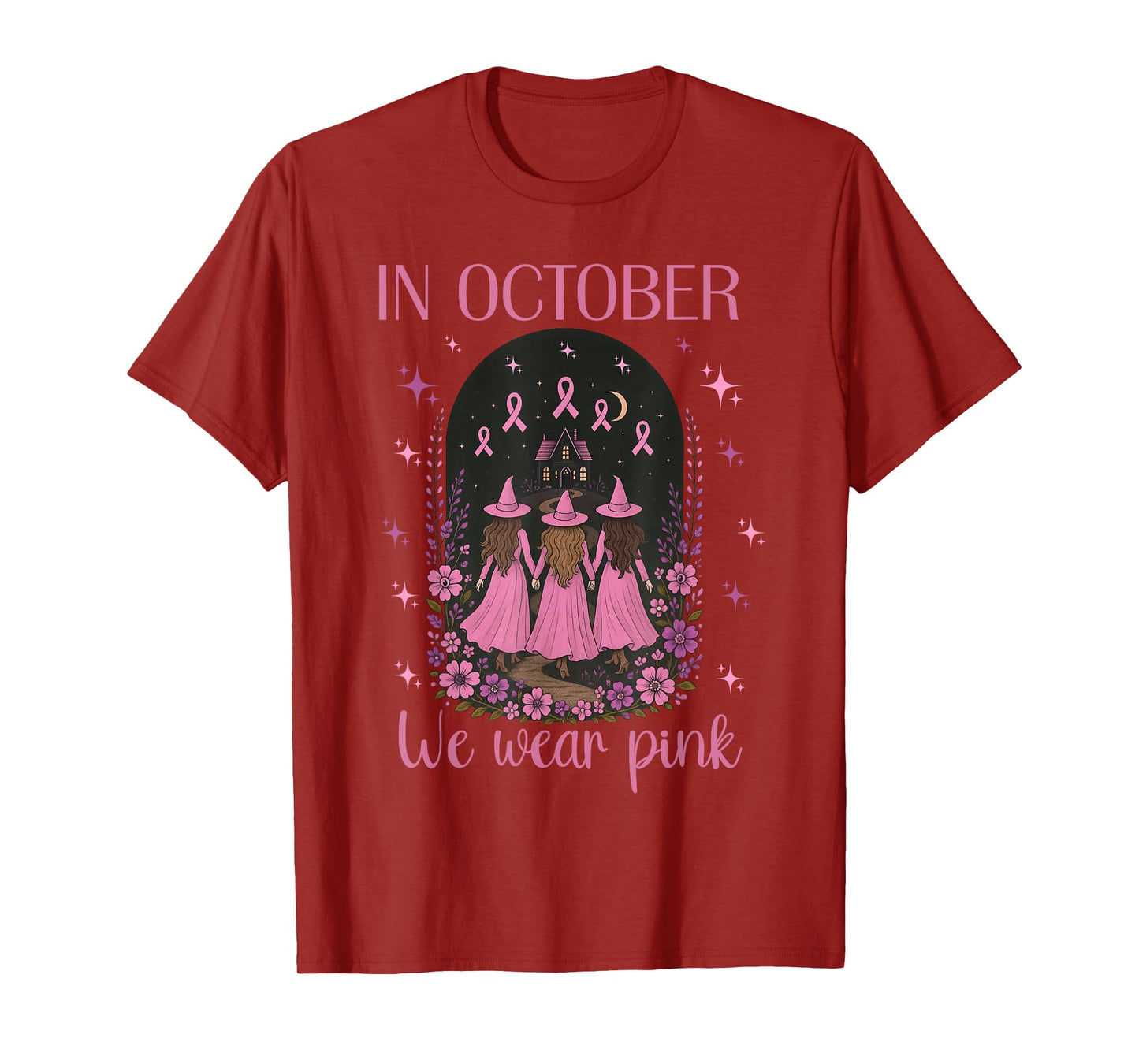 in October We Wear Pink Witch Halloween Breast Cancer Women T-Shirt