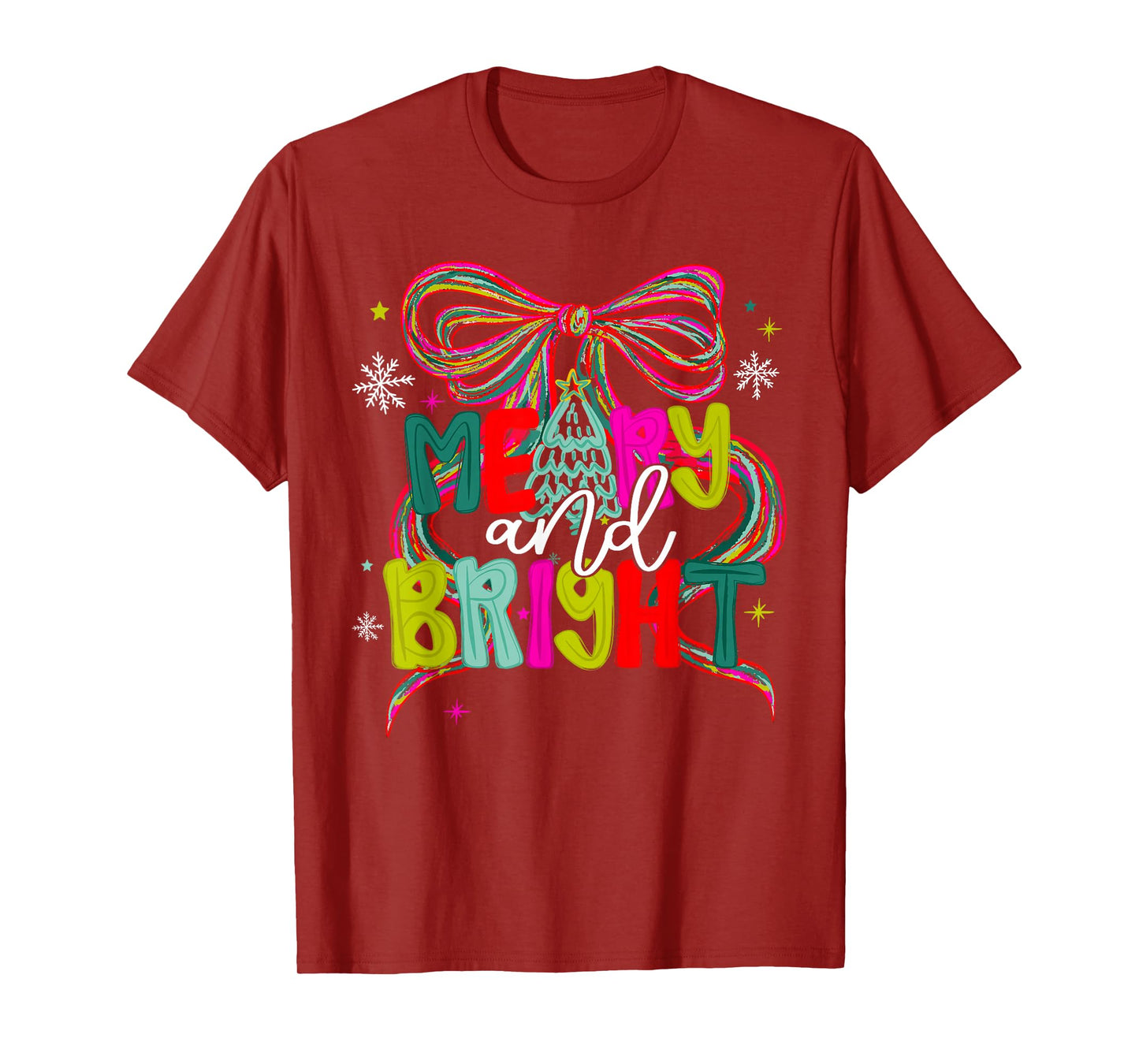 Merry and Bright Coquette Bow Christmas Snowflake Holiday T-Shirt