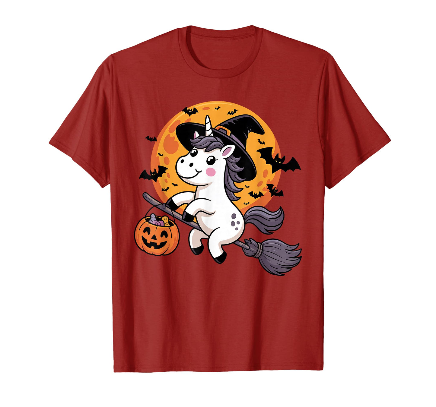 Halloween Unicorn Witch Hat and Broom Pumpkin Candy Bucket T-Shirt
