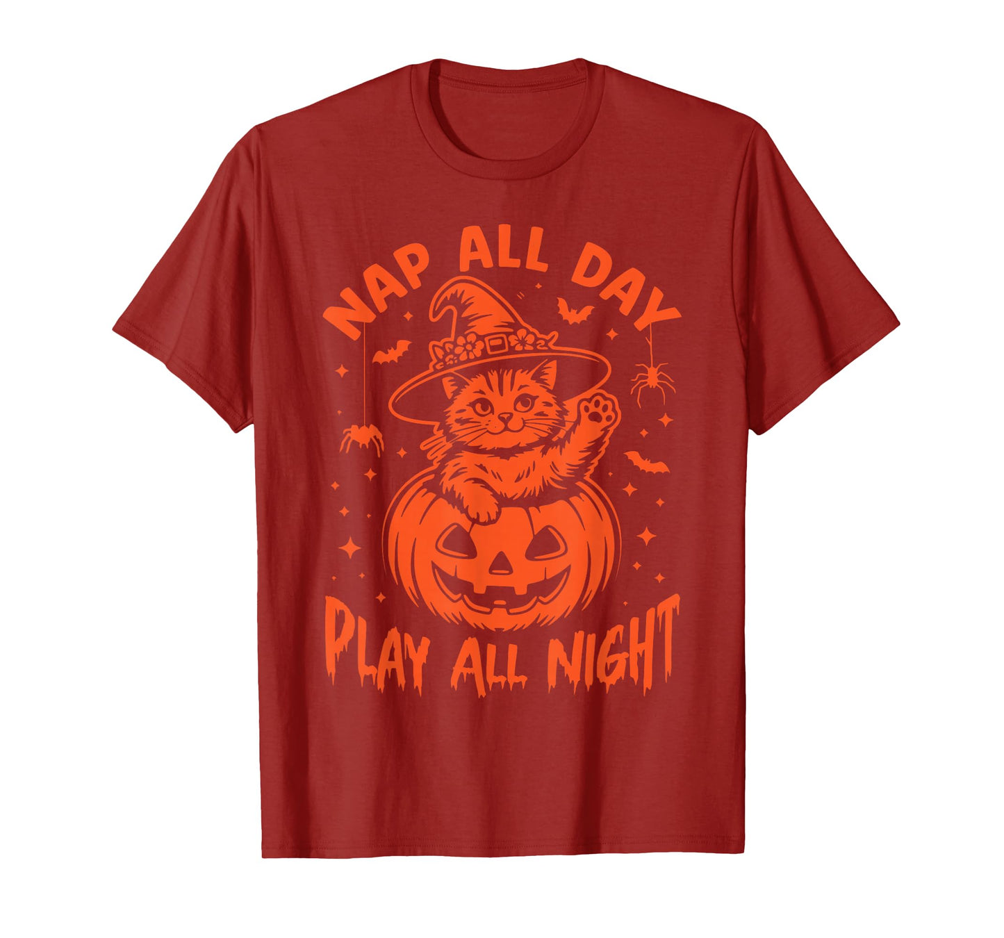 Nap All Day, Play All Night. Fun Cat Witch Halloween Pumpkin T-Shirt