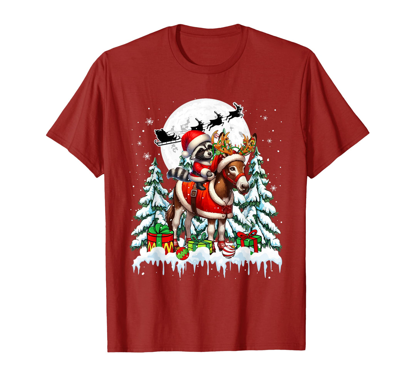 Santa Raccoon Riding Reindeer Donkey Christmas Trees Farmer T-Shirt