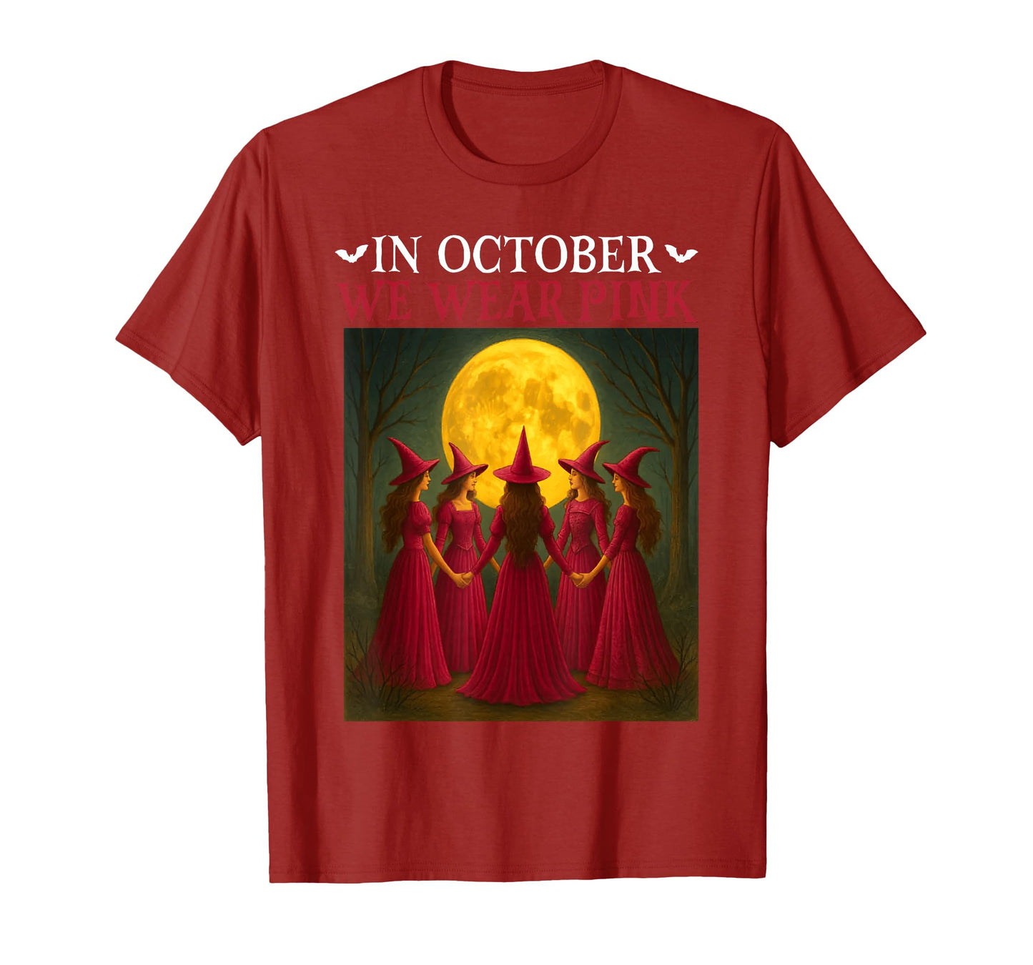 in October We Wear Pink Witch Halloween Breast Cancer Women T-Shirt