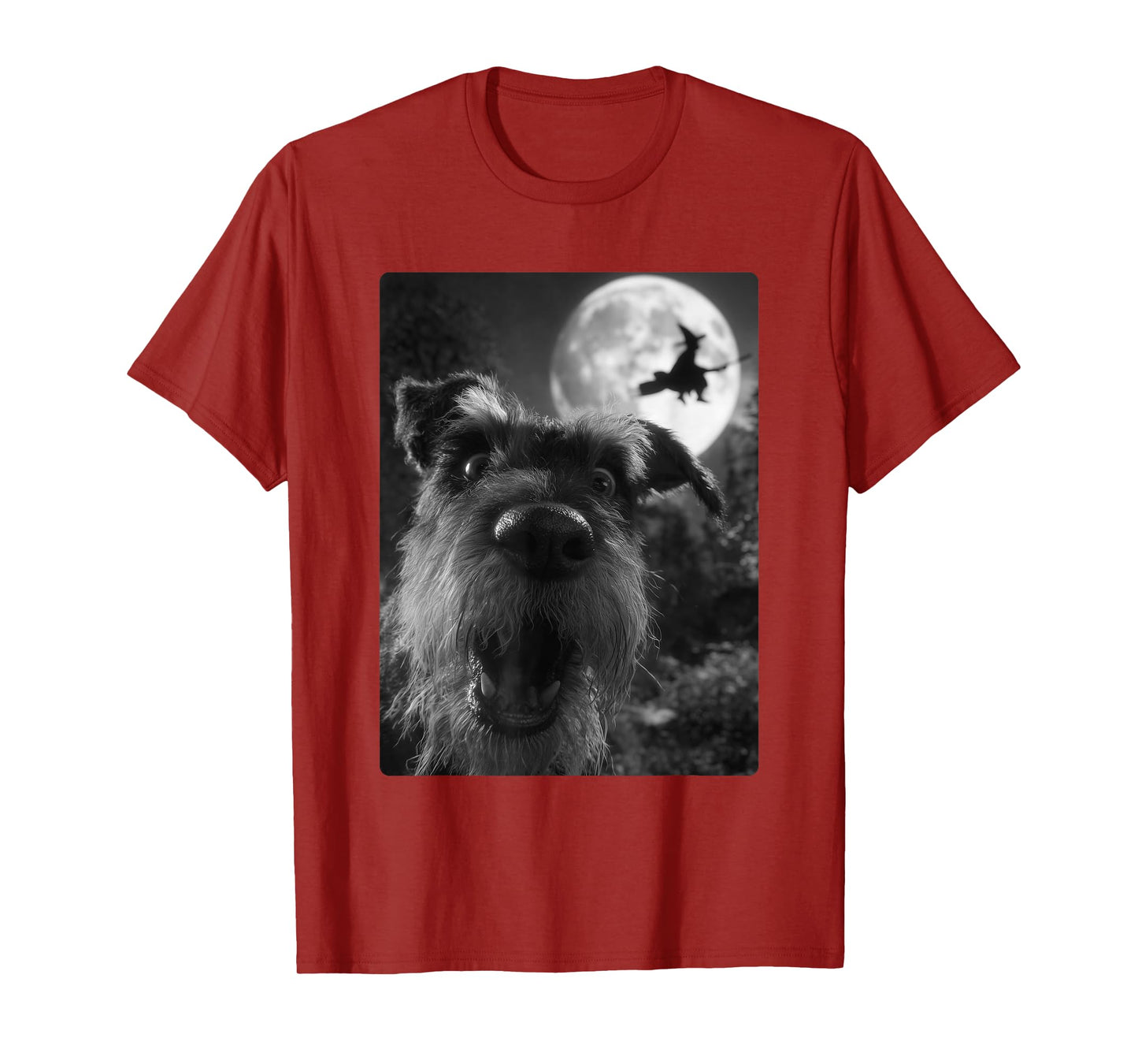 Funny Schnauzer Selfie Full Moon Flying Witch Halloween Dog T-Shirt