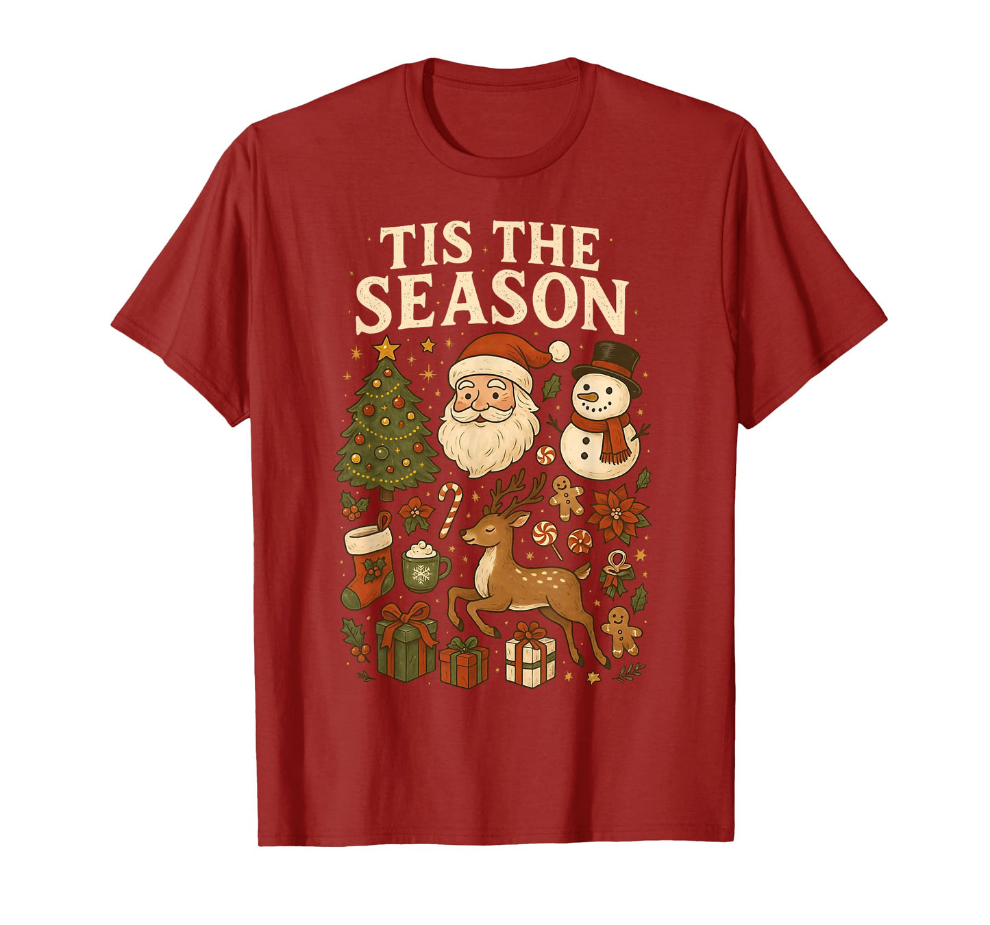 Tis The Season Santa Snowman Reindeer Christmas Xmas Holiday T-Shirt