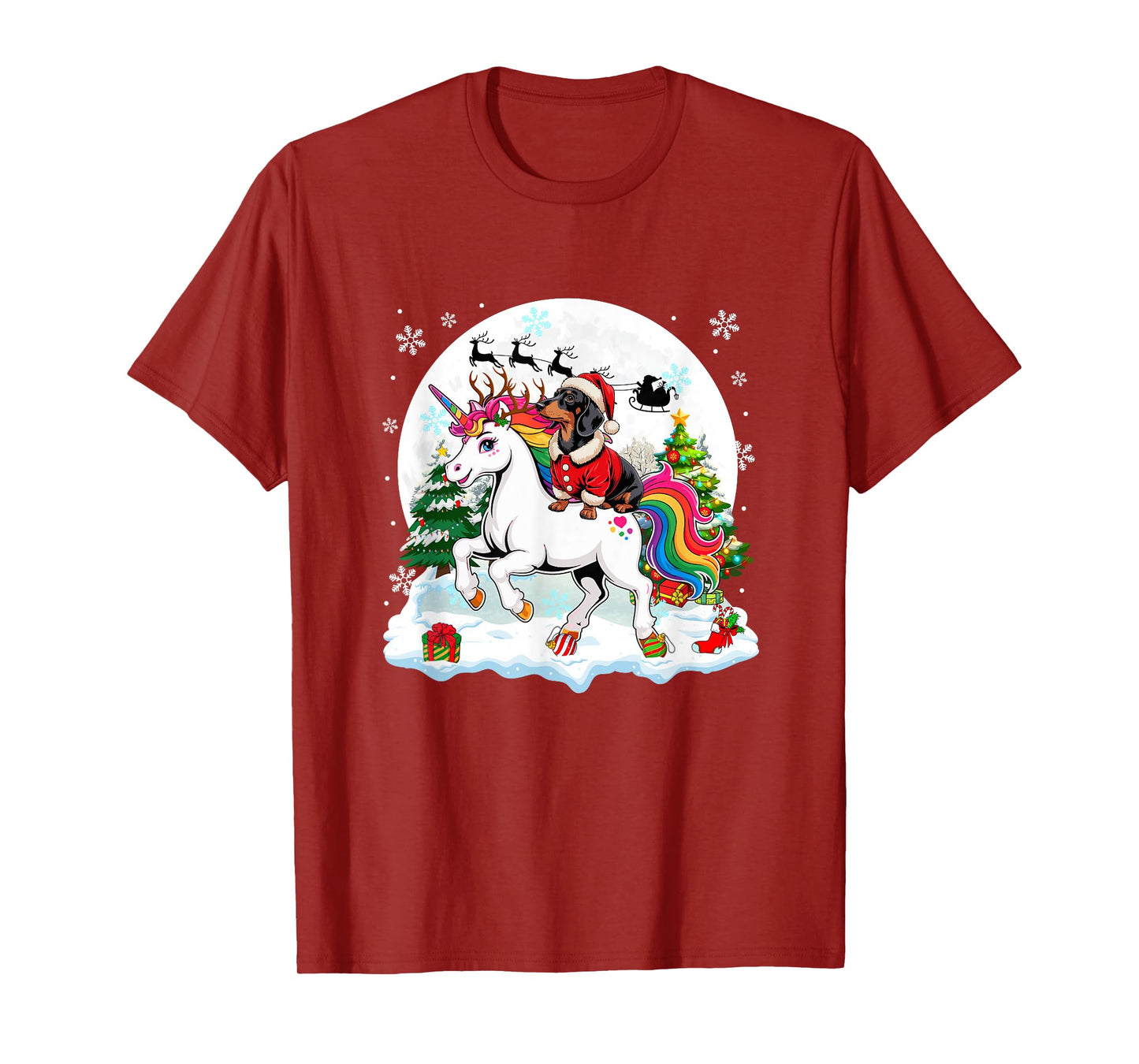 Santa Dachshund Riding Unicorn Reindeer Christmas Owner Kids T-Shirt