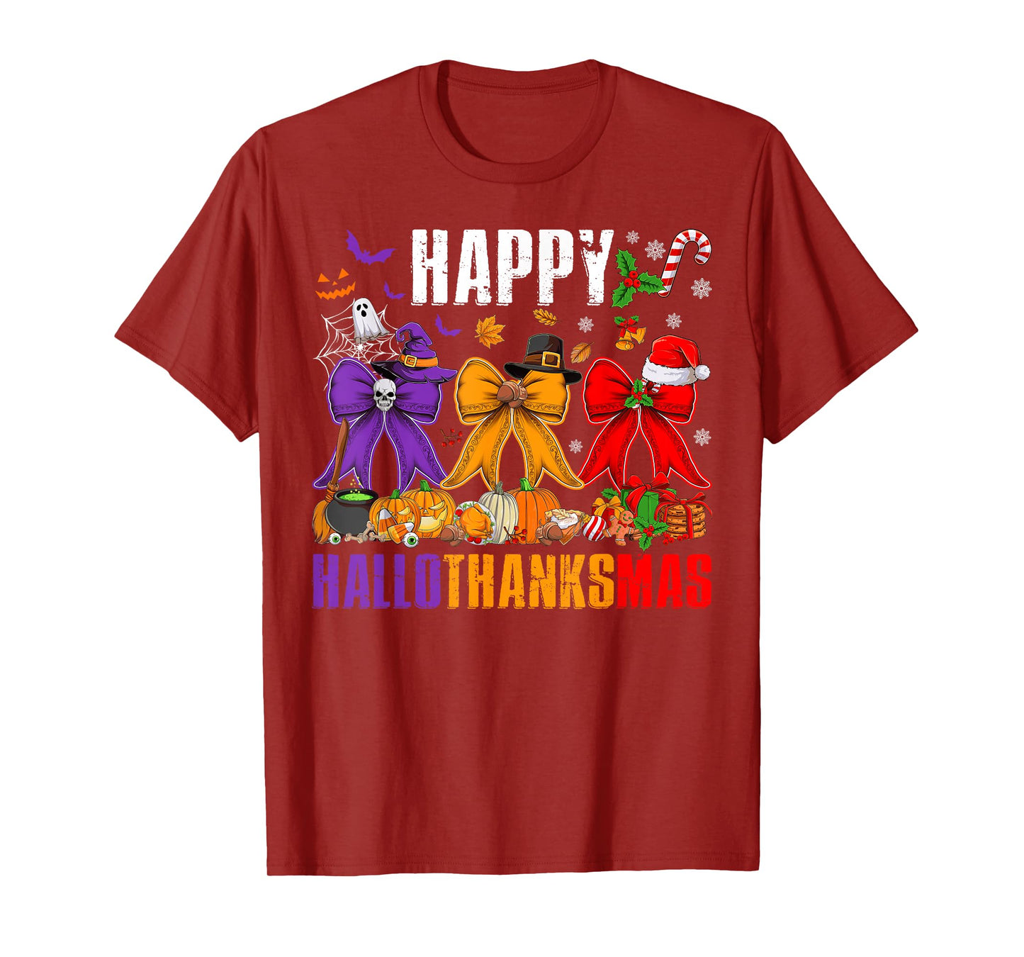 Happy Hallothanksmas Coquette Bows Halloween Thanksgiving T-Shirt