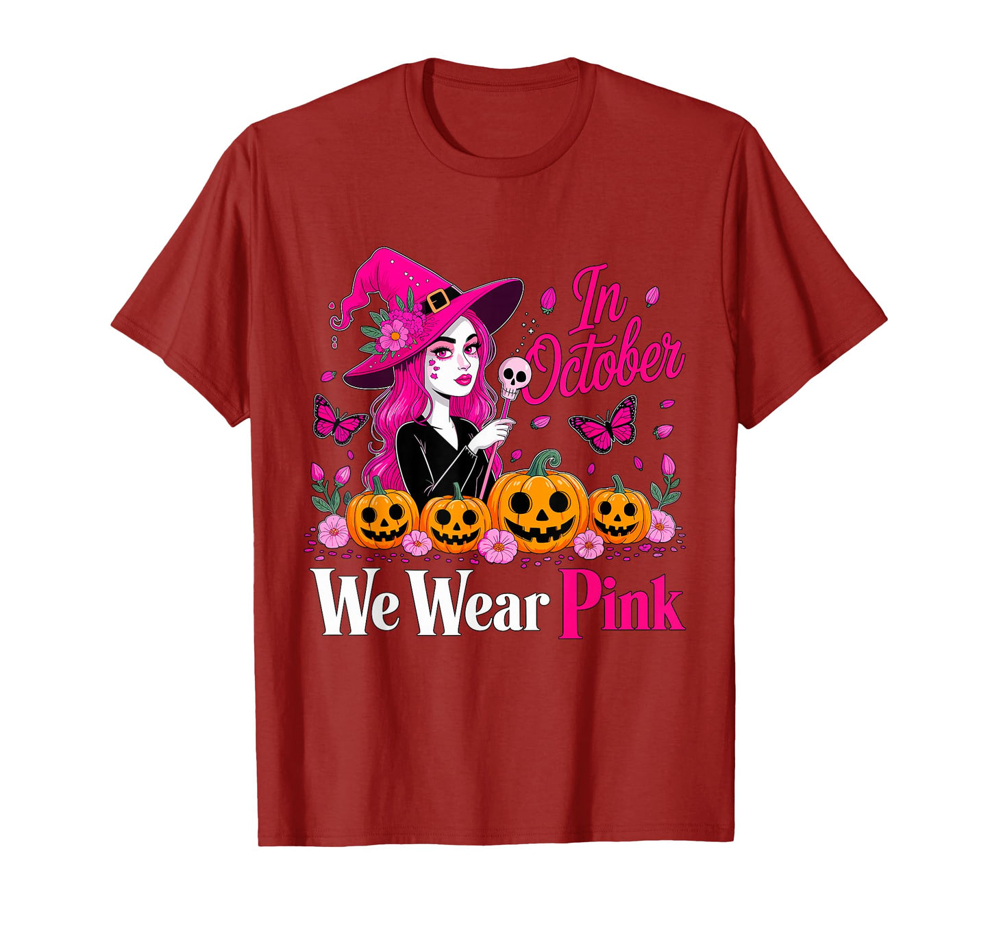 in October We Wear Pink Breast Cancer Witch Halloween T-Shirt