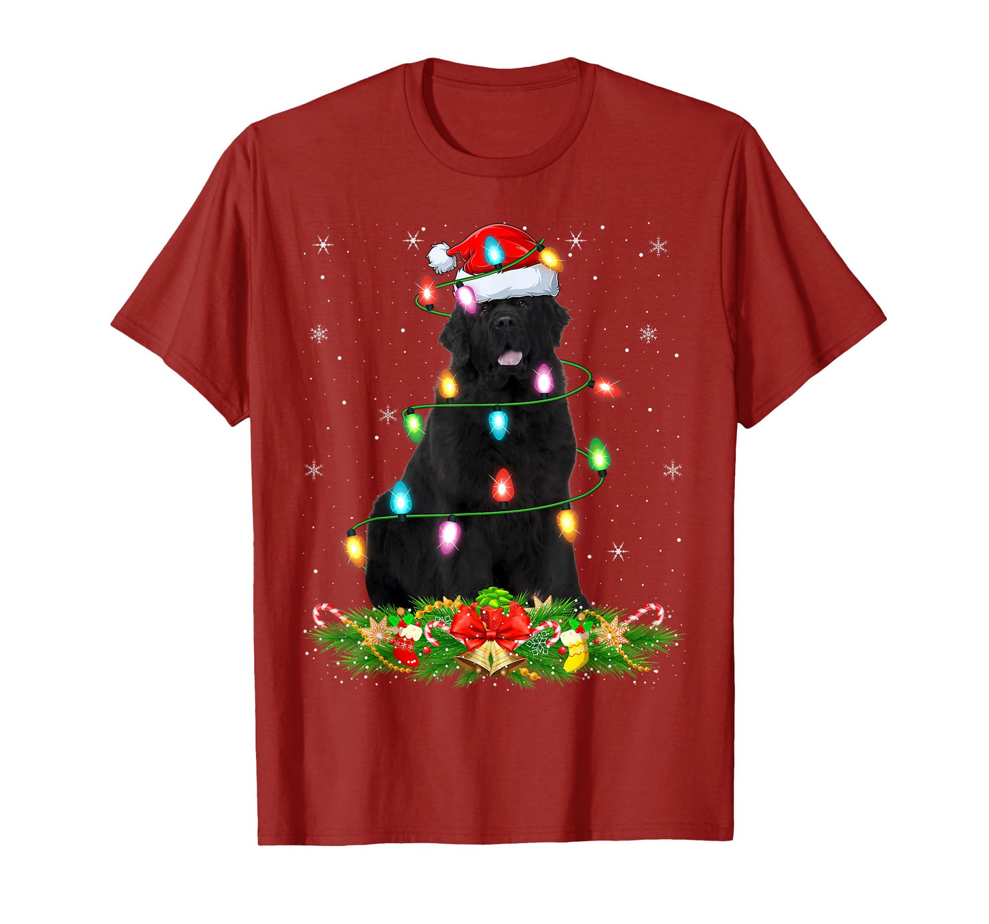 Newfoundland Dog Christmas Lights Funny Santa Hat Xmas T-Shirt