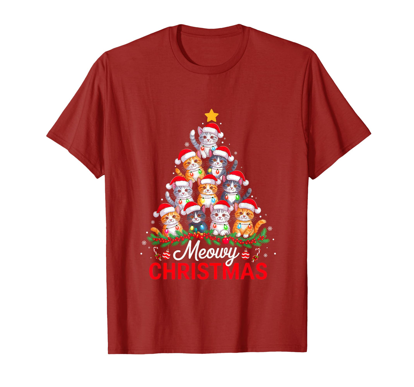 Meowy Christmas Tree Lights Cat Santa Xmas Family Men Women T-Shirt