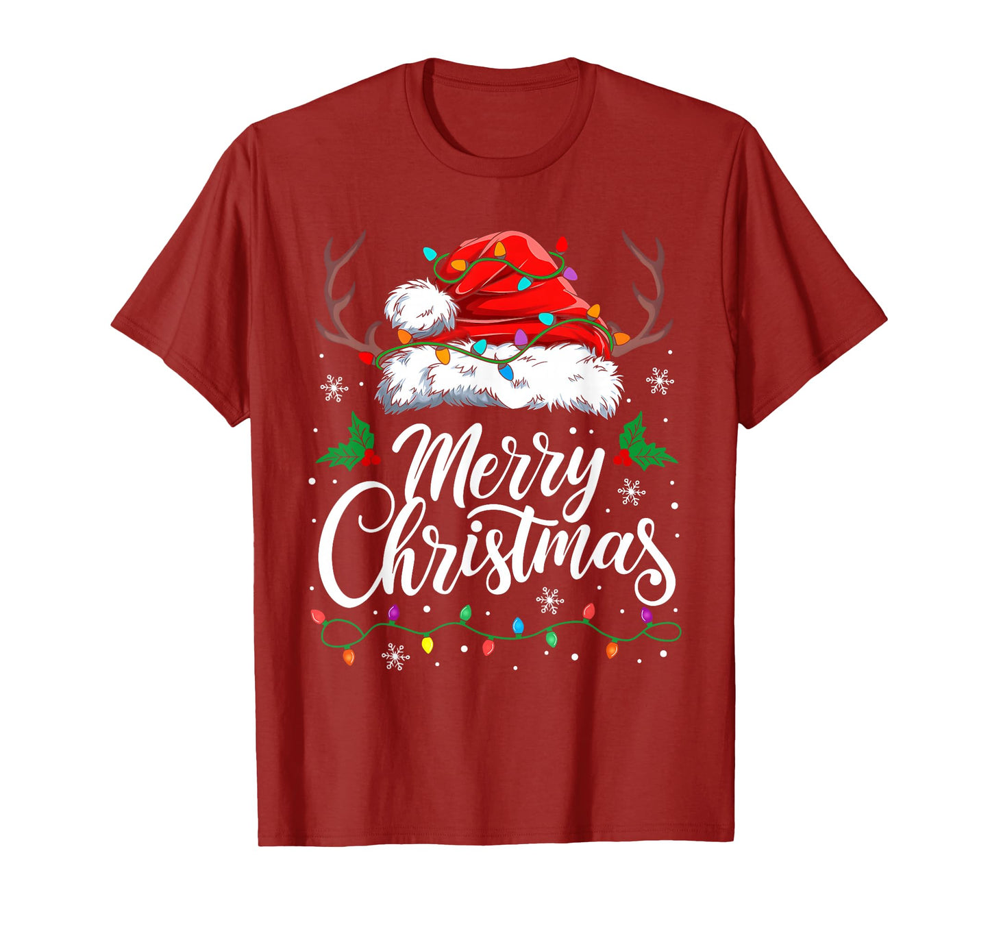 Merry Christmas Lights Red Santa Hat Xmas Family Men Women T-Shirt