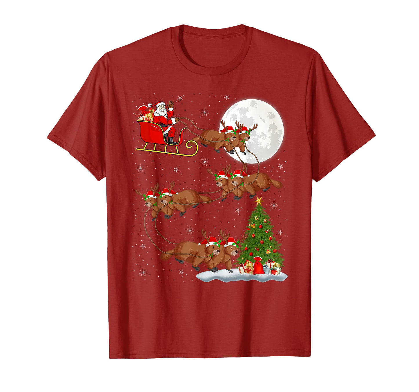 Beaver Santa Sleigh Flying Funny Magical Christmas T-Shirt