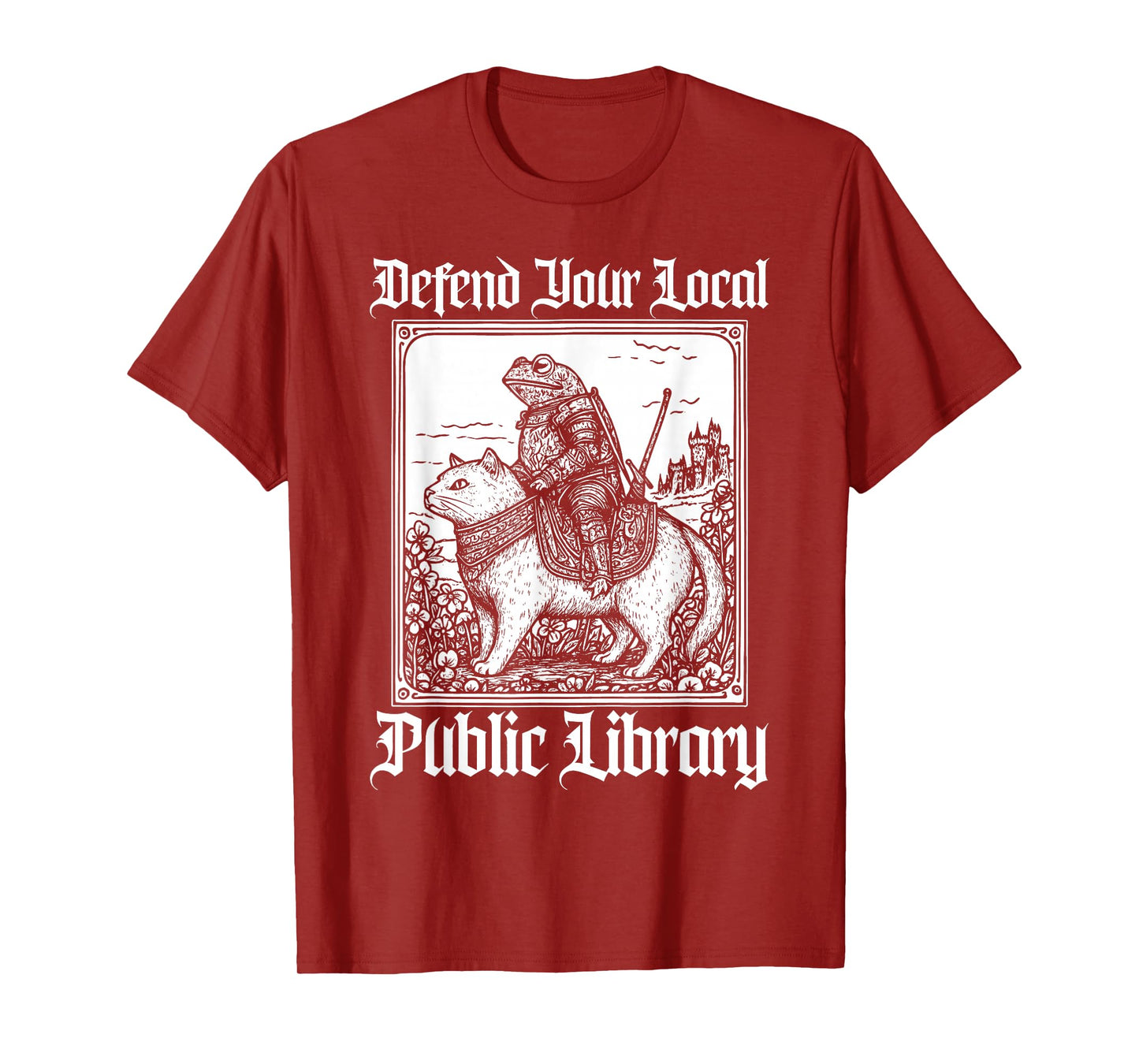 Defend Your Local Public Library Funny Knight Riding Cat T-Shirt