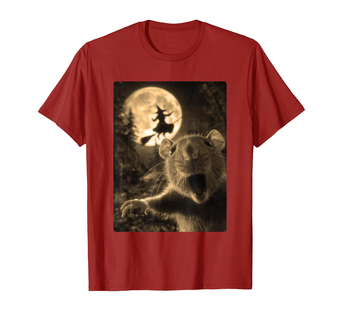 Funny Rat Selfie Full Moon Flying Witch Forest Halloween T-Shirt