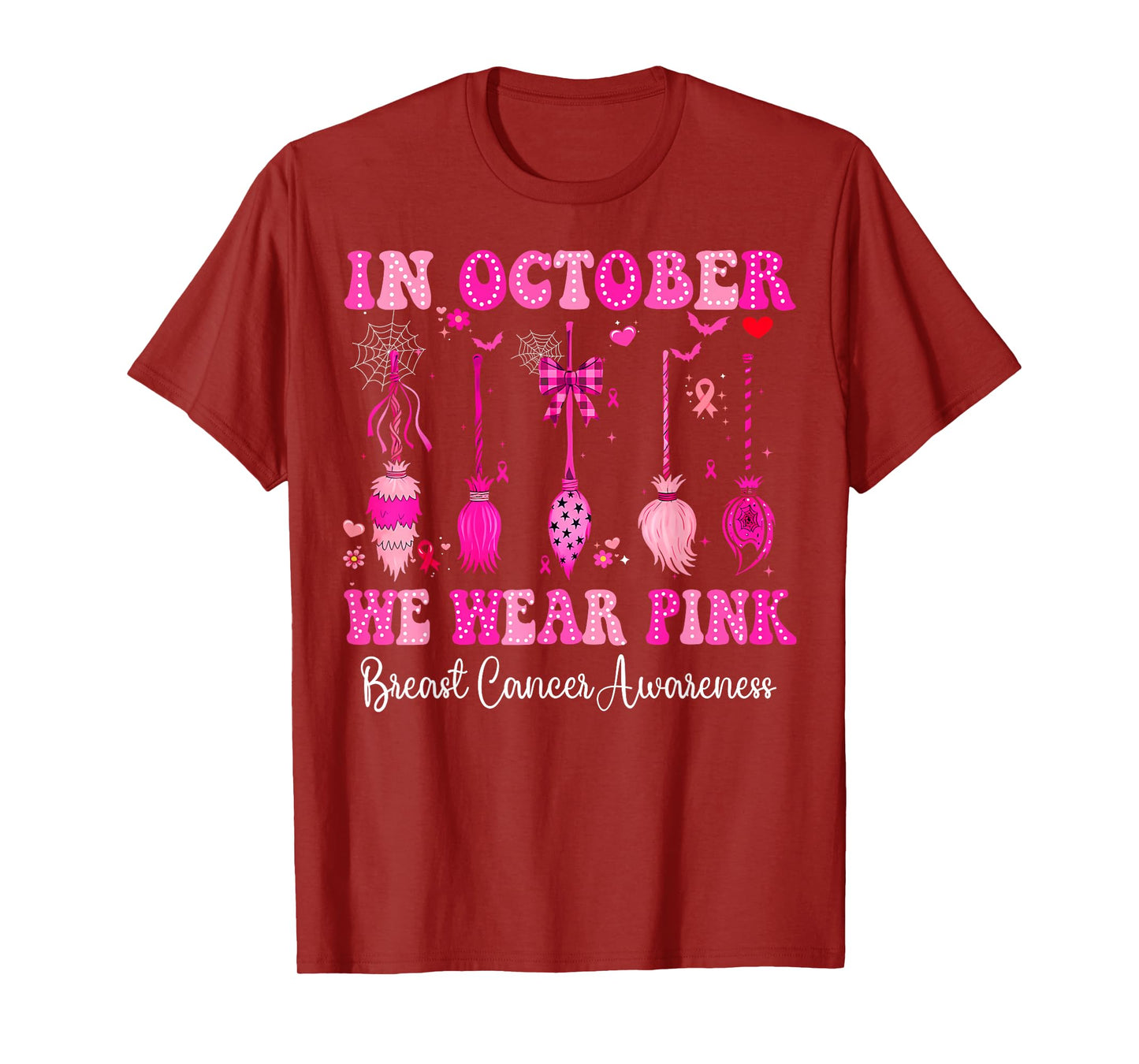 in October We Wear Pink Witch Broom Breast Cancer Halloween T-Shirt