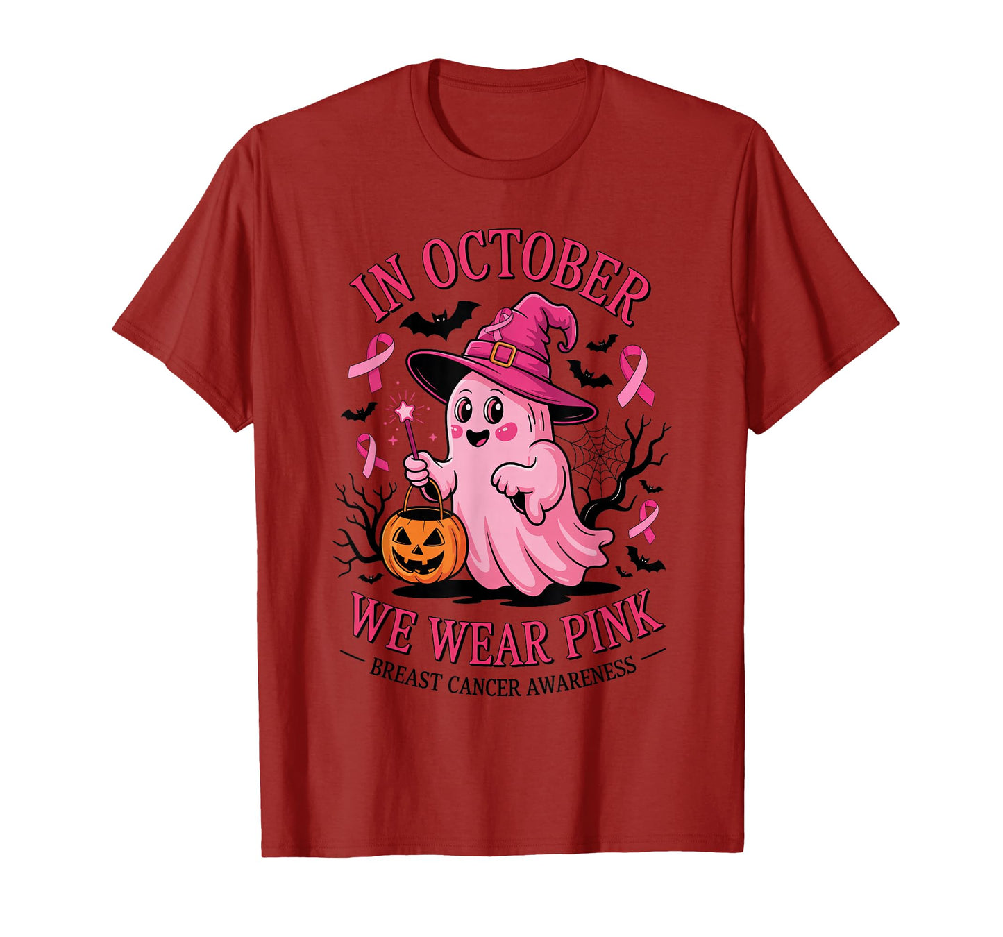 Ghost Witch in October We Wear Pink Breast Cancer Awareness T-Shirt