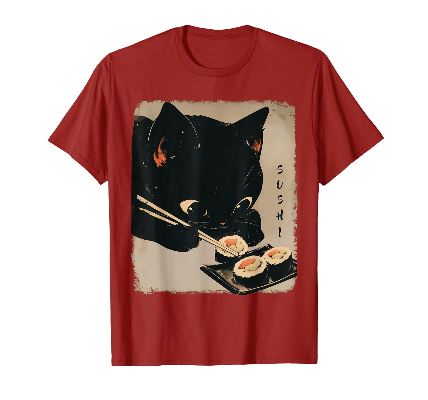Kawaii Cat Eating Sushi Funny Japanese Anime Cute Cat Girls T-Shirt