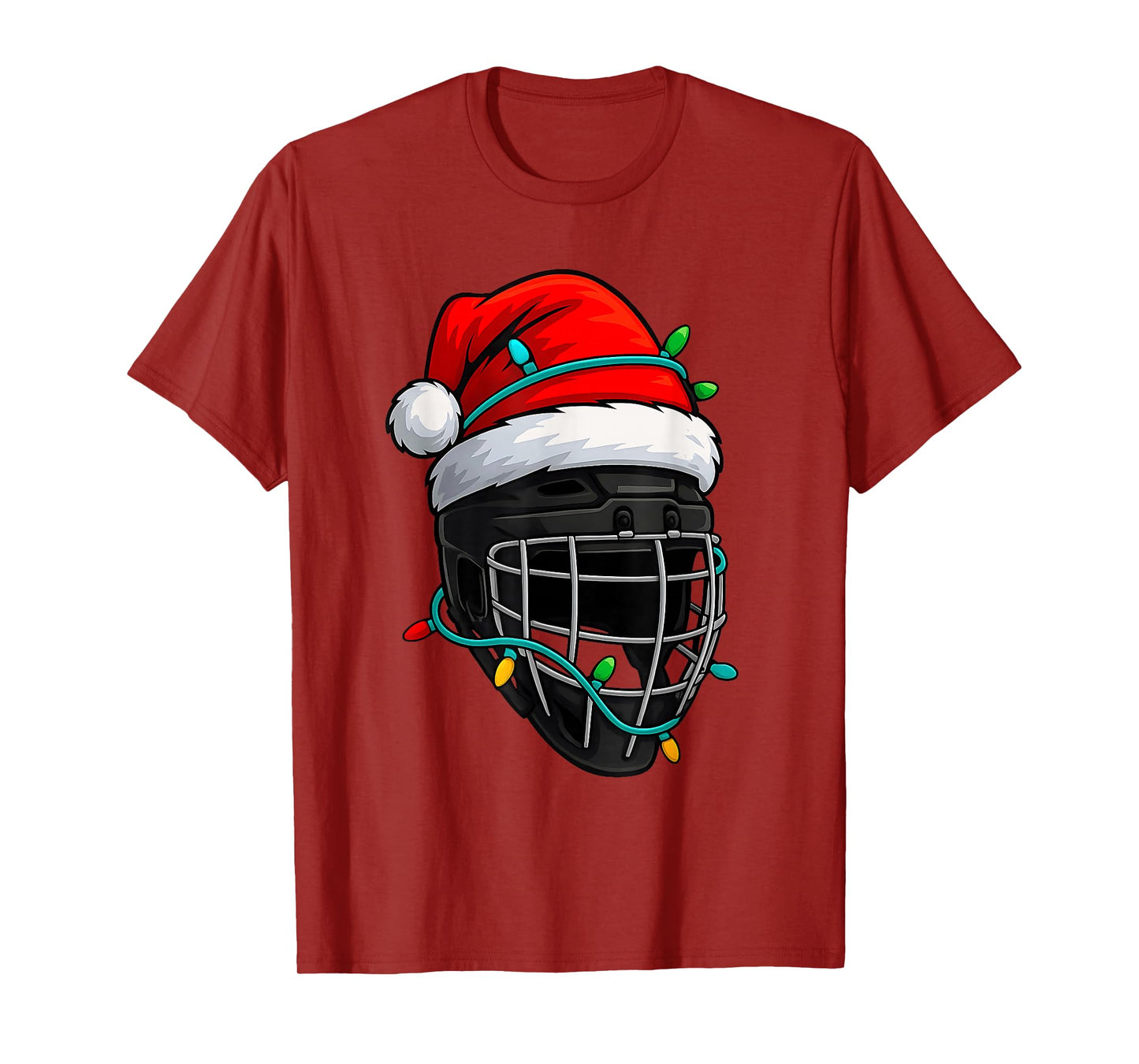 Hockey Christmas Santa Hat Lights Colorful Funny Player T-Shirt