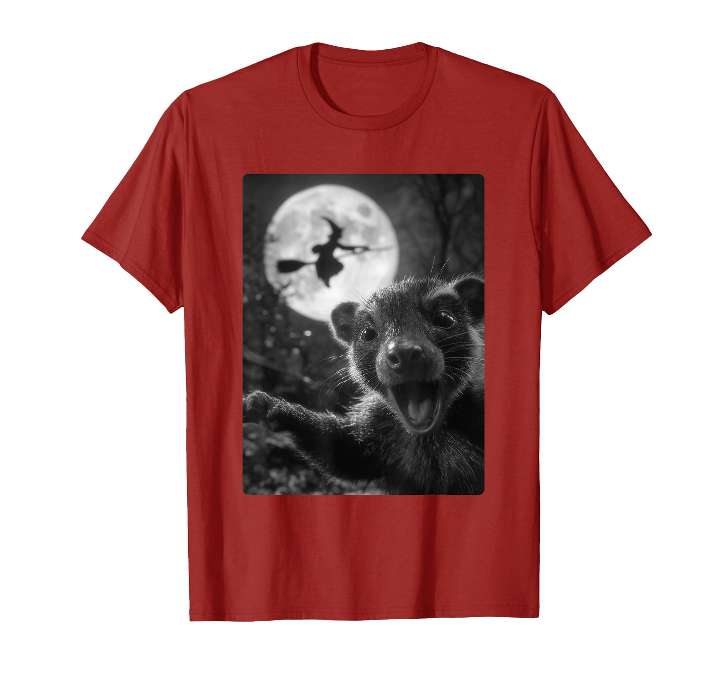 Funny Skunk Selfie Full Moon Flying Witch Forest Halloween T-Shirt