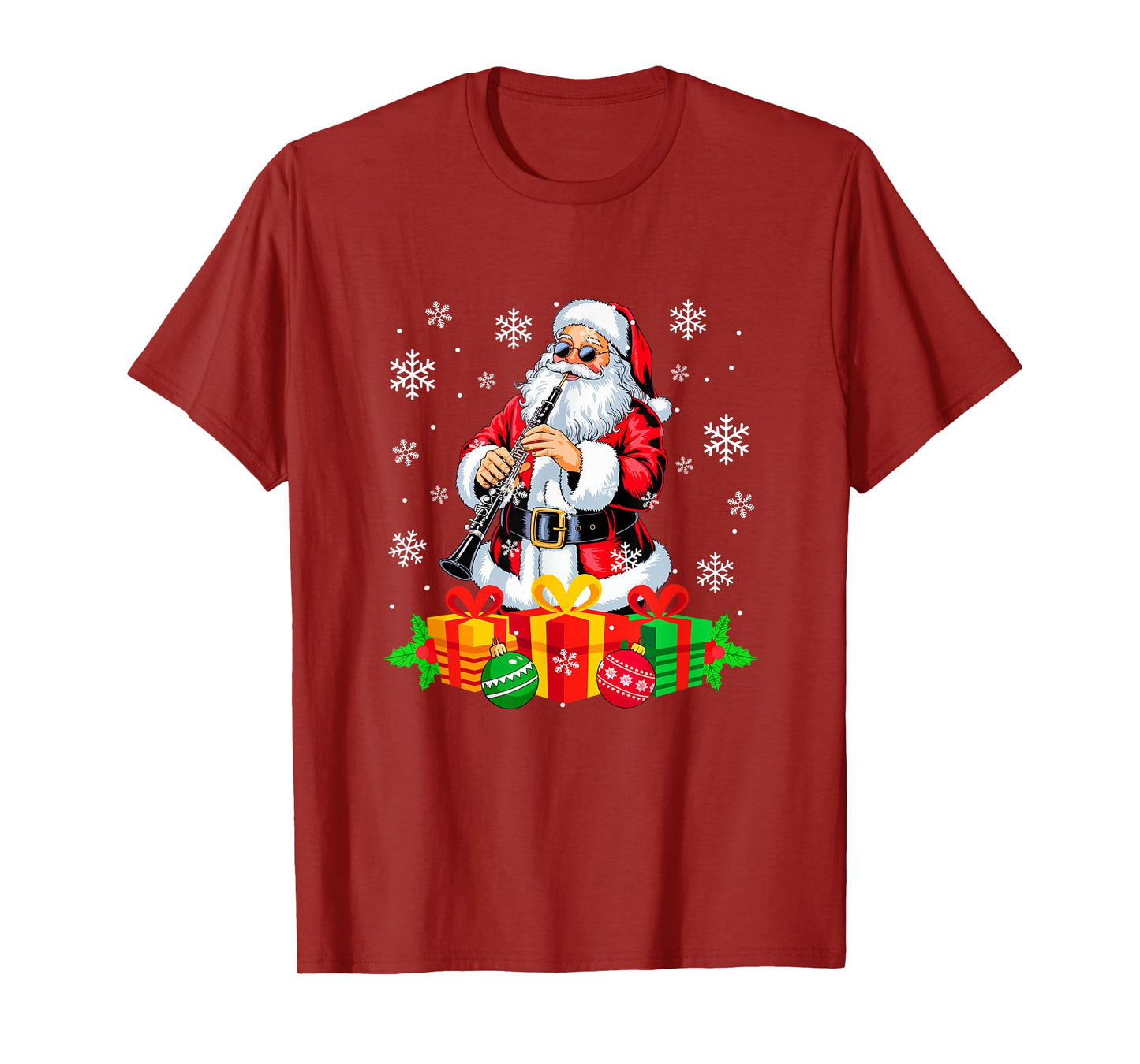 Santa Playing Oboe Instrument Colorful Christmas Boxes T-Shirt
