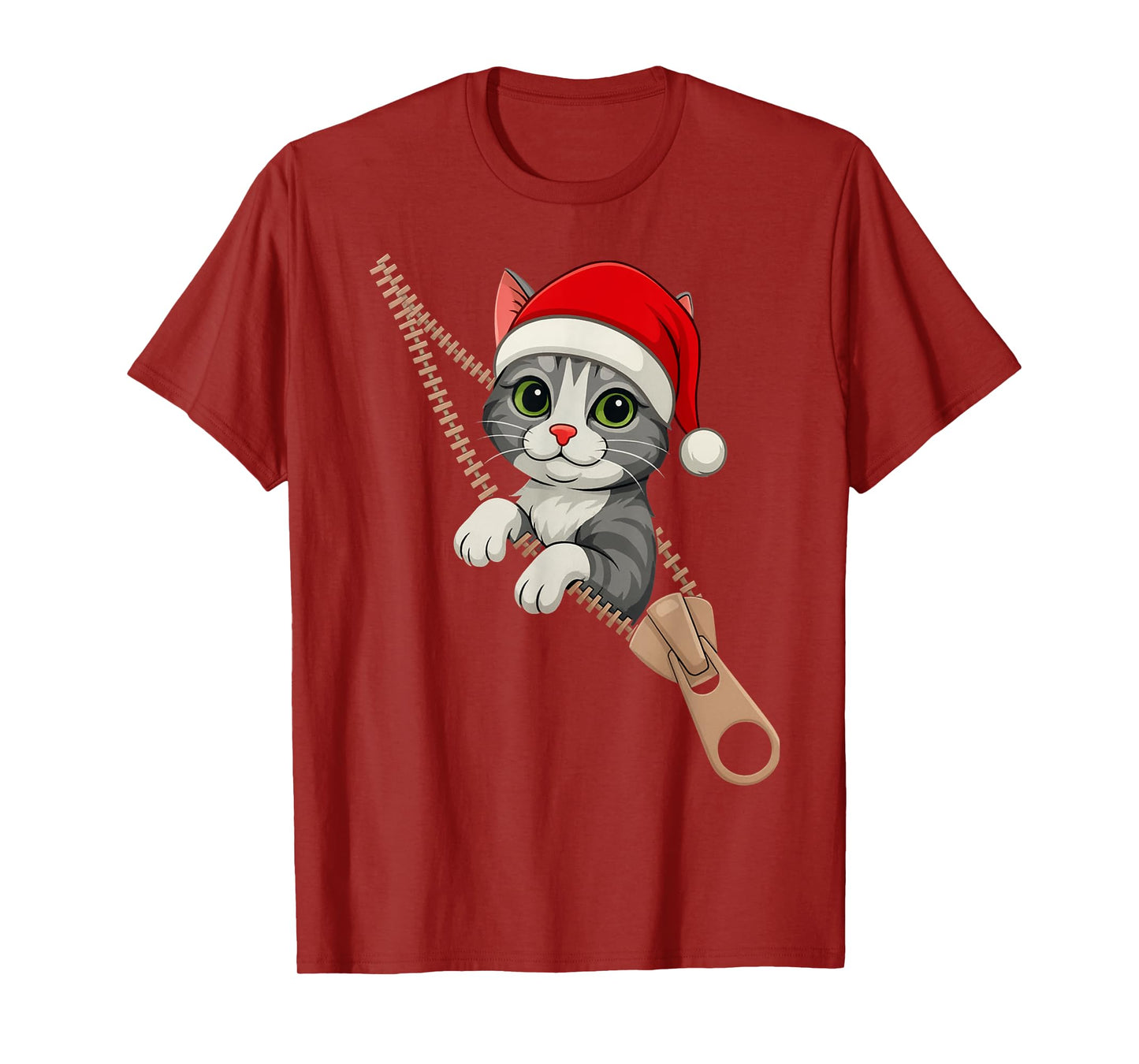 Cute Christmas Cat Santa Hat Zipper Peeking Kitten Men Women T-Shirt
