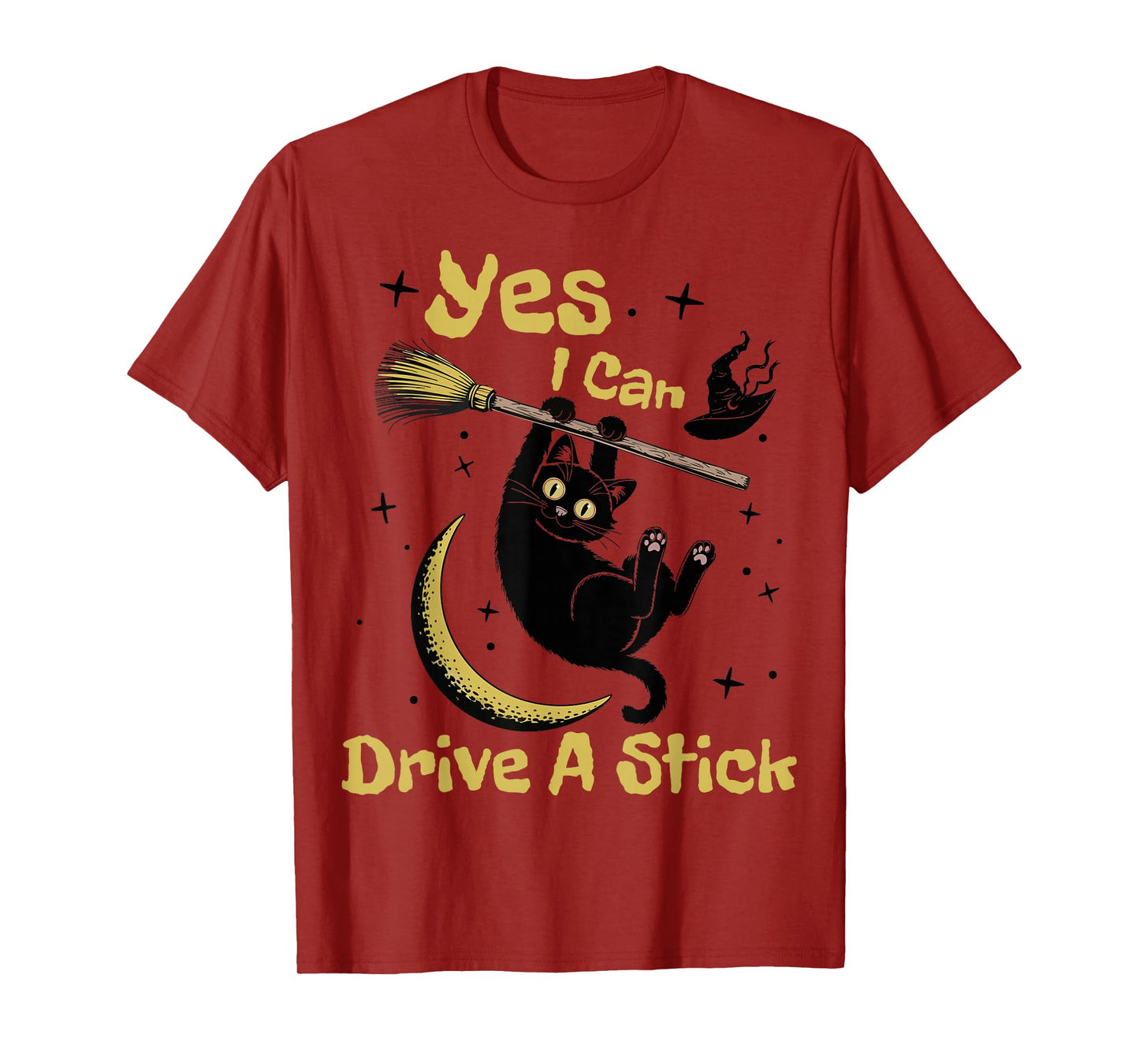 Yes I Can Drive A Stick Funny Halloween Spooky Witch Cat Mom T-Shirt