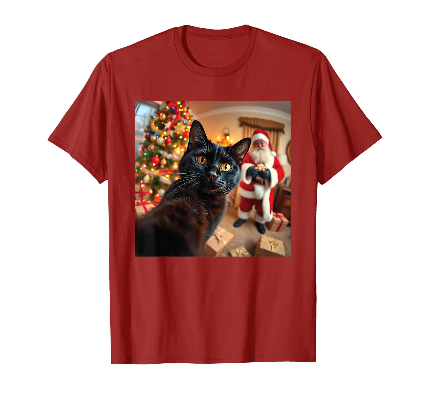 Funny Christmas Santa with Cat Selfie for Men Women T-Shirt