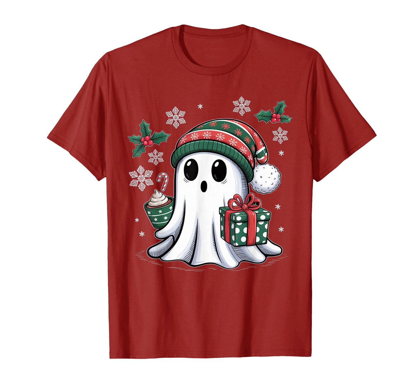 Cute Christmas Ghost Spirit with Santa Hat Coffee and Gift T-Shirt