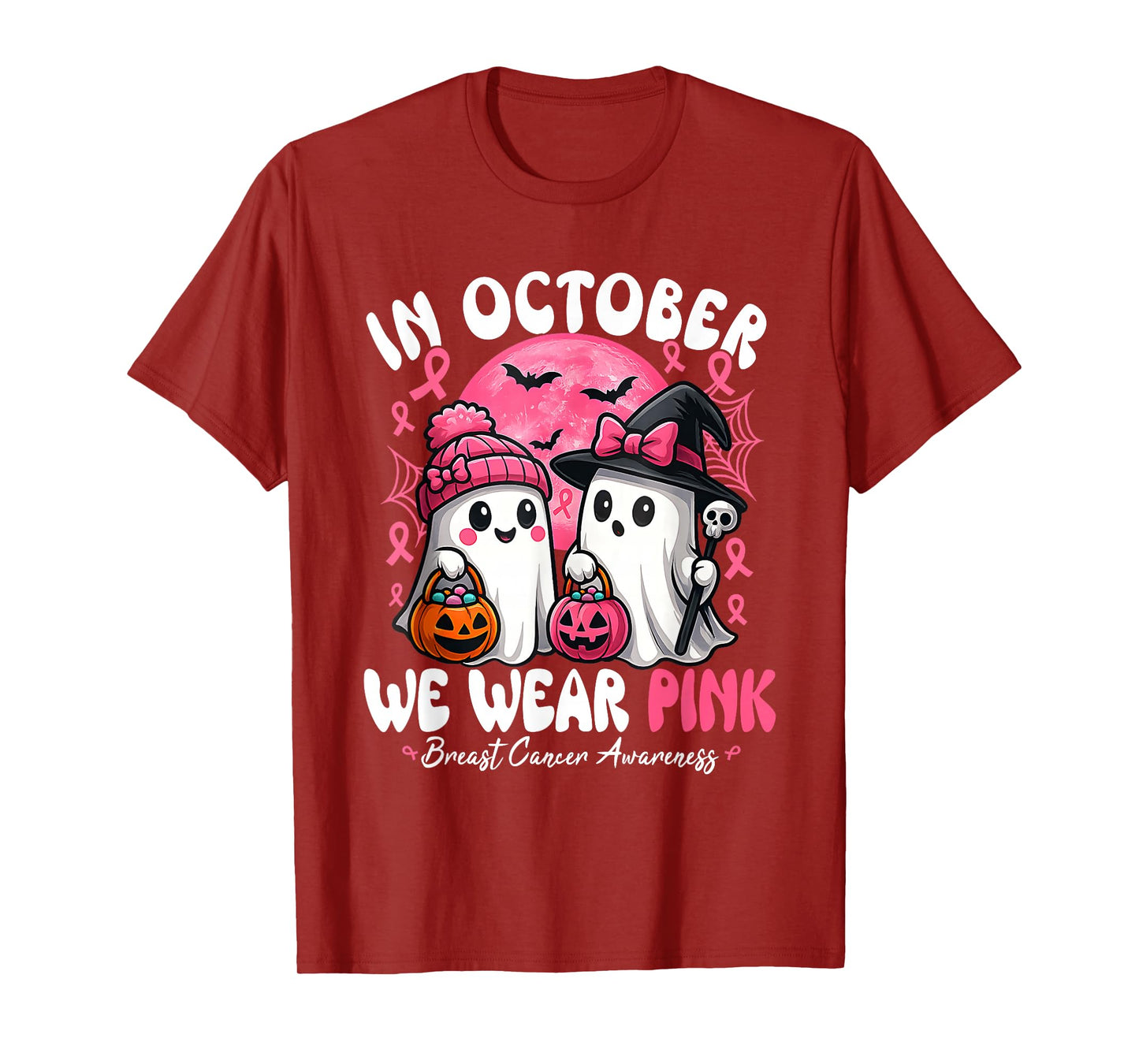 in October We Wear Pink Ghost Witch Breast Cancer Awareness T-Shirt