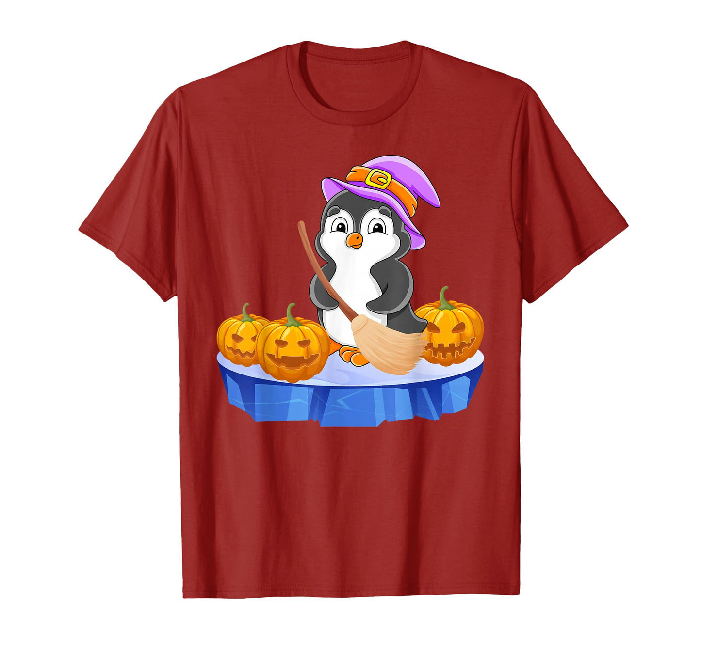 Funny Penguin in Witch Costume Pumpkins Happy Halloween Day T-Shirt