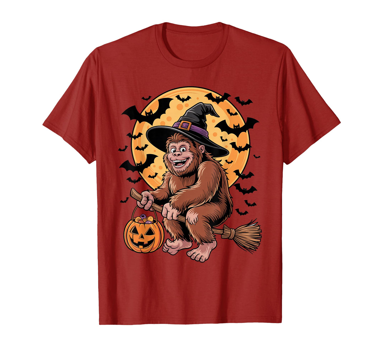 Halloween Bigfoot Witch Hat and Broom Pumpkin Candy Bucket T-Shirt