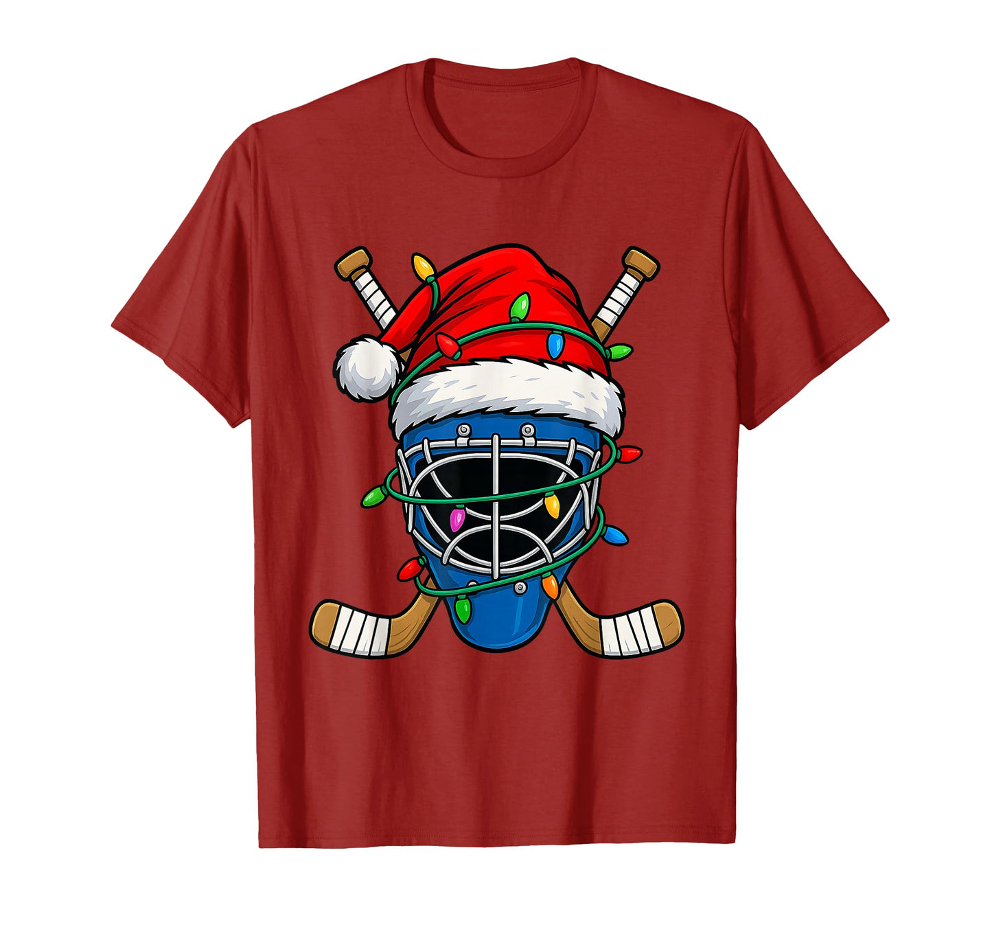 Christmas Hockey Santa Hat Lights Colorful Funny Player T-Shirt