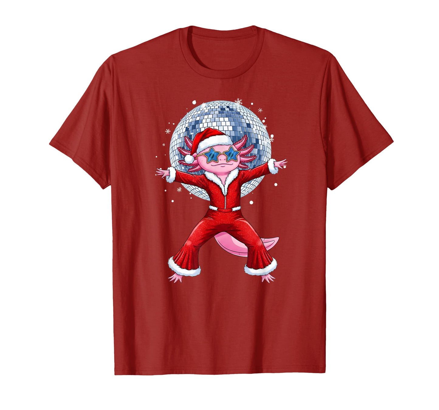 Disco Axolotl Christmas Santa Suit Funny Holiday 70s 80s T-Shirt