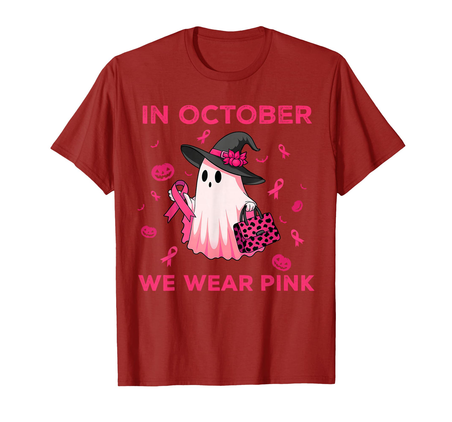 in October We Wear Pink Witch Ghost Breast Cancer Awareness T-Shirt