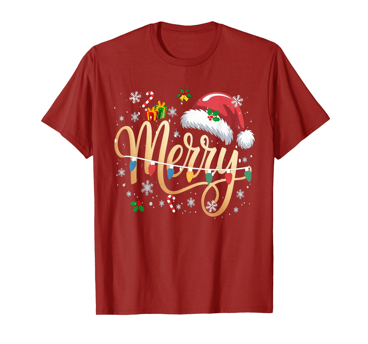Merry Christmas Lights Red Santa Hat Xmas Men Women Kid T-Shirt