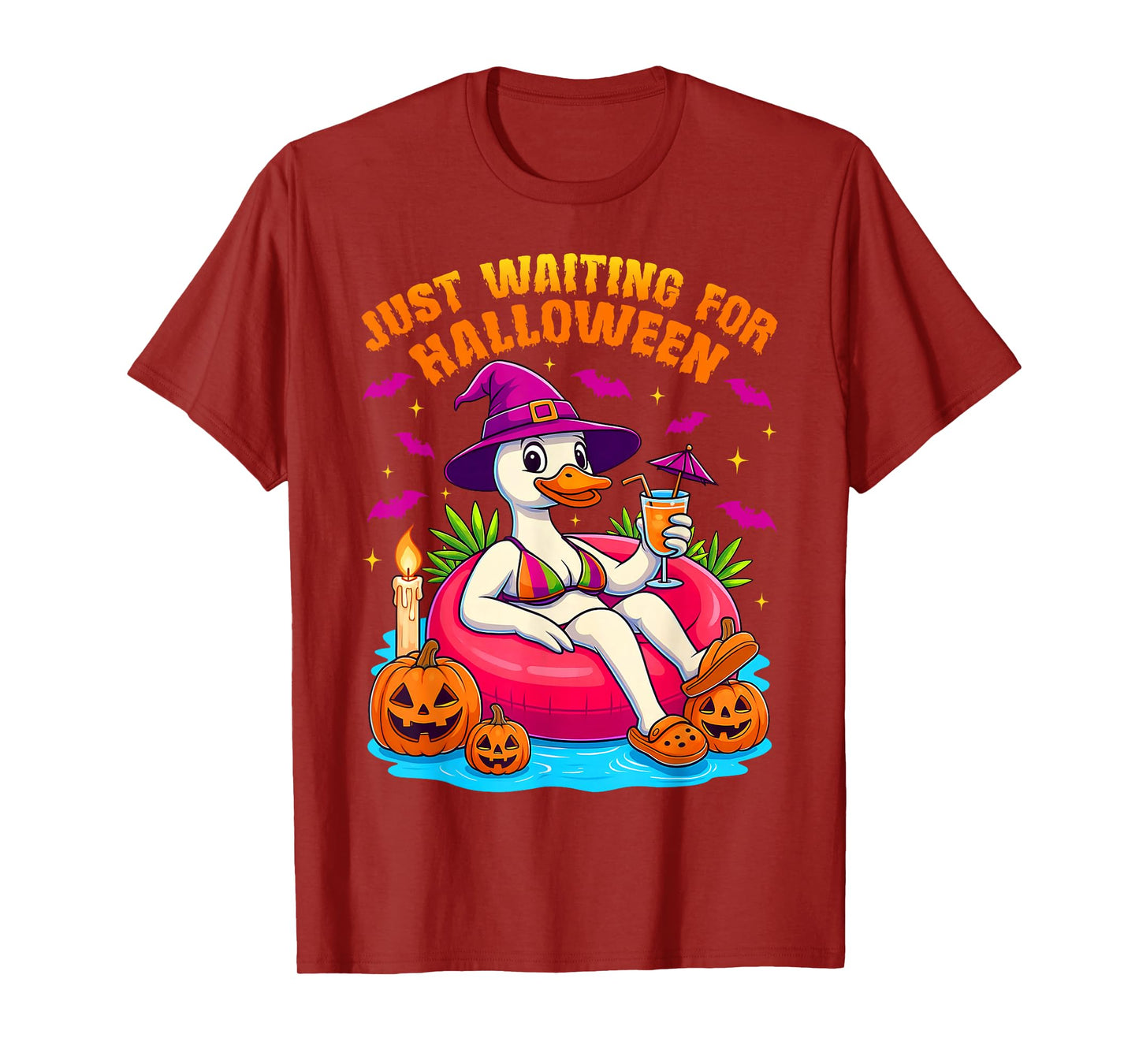 Funny Just Waiting for Halloween Goose & Wicth Hat On Float T-Shirt