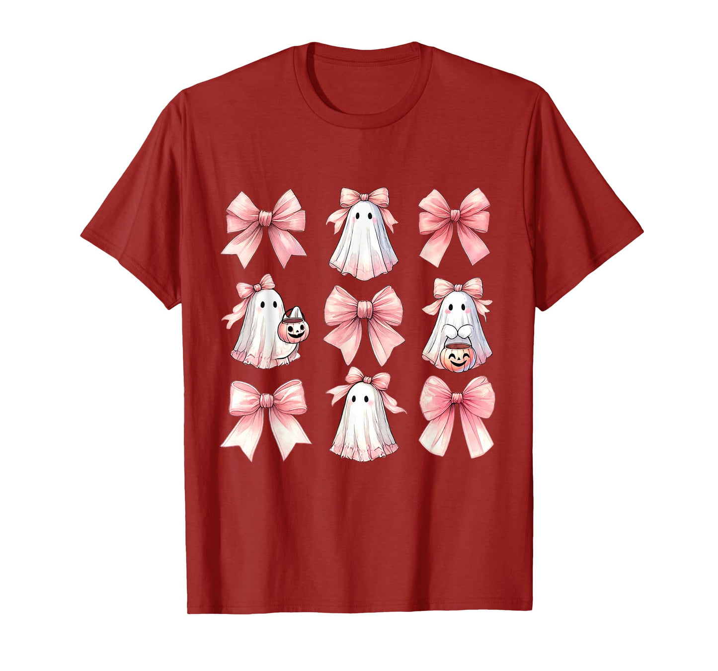 Cute Ghost Florals Pink Coquette Bows Pumpkins Halloween T-Shirt