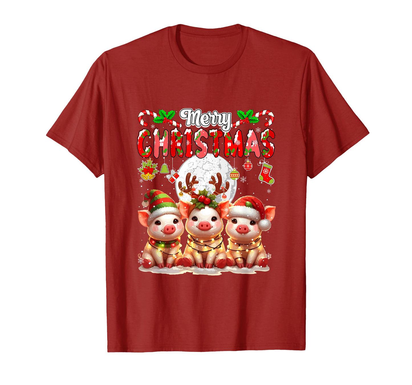 Merry Christmas Three Santa Reindeer Elf Pigs Colorful T-Shirt