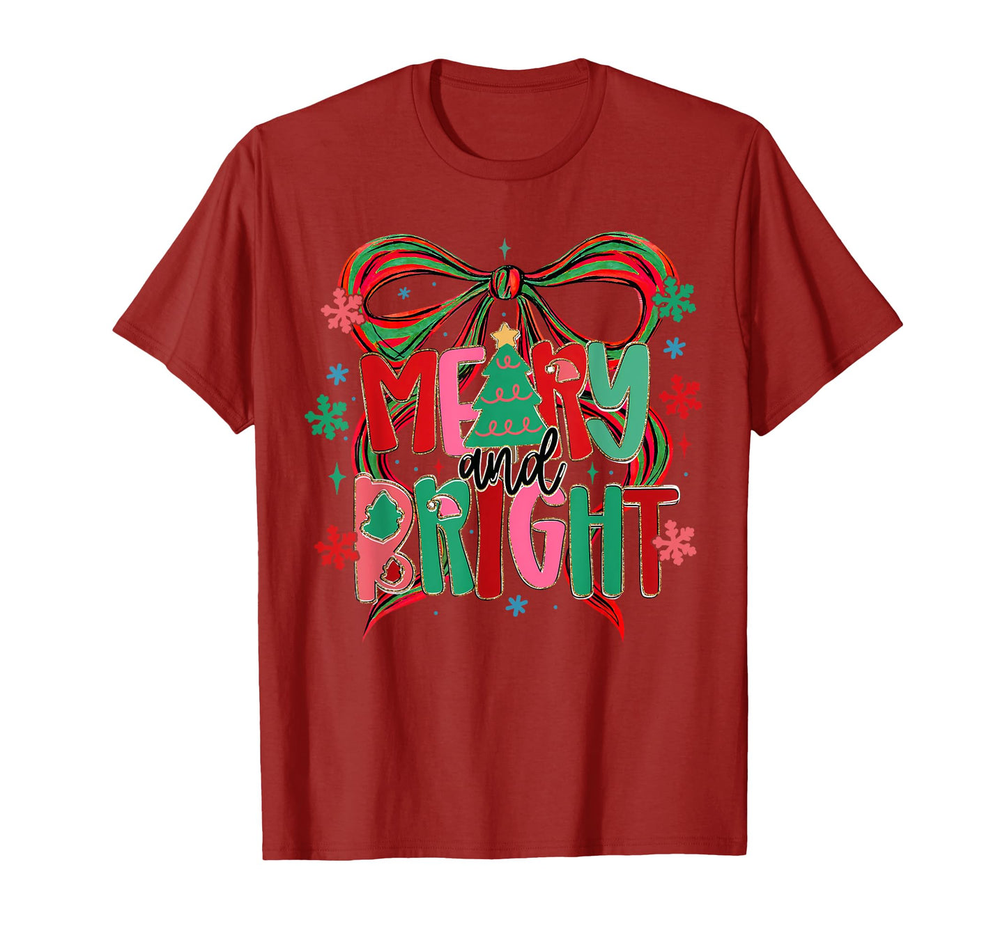 Merry & Bright Christmas Xmas Coquette Bow Pajamas Holiday T-Shirt