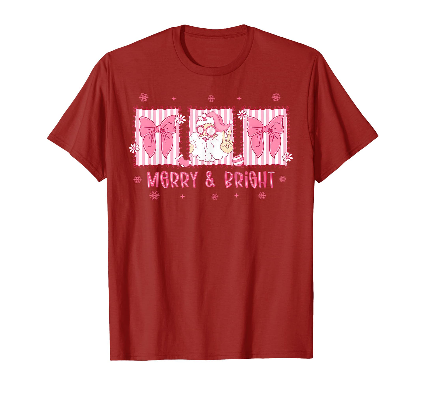 Merry and Bright Pink Coquette Bow Santa Claus Christmas T-Shirt