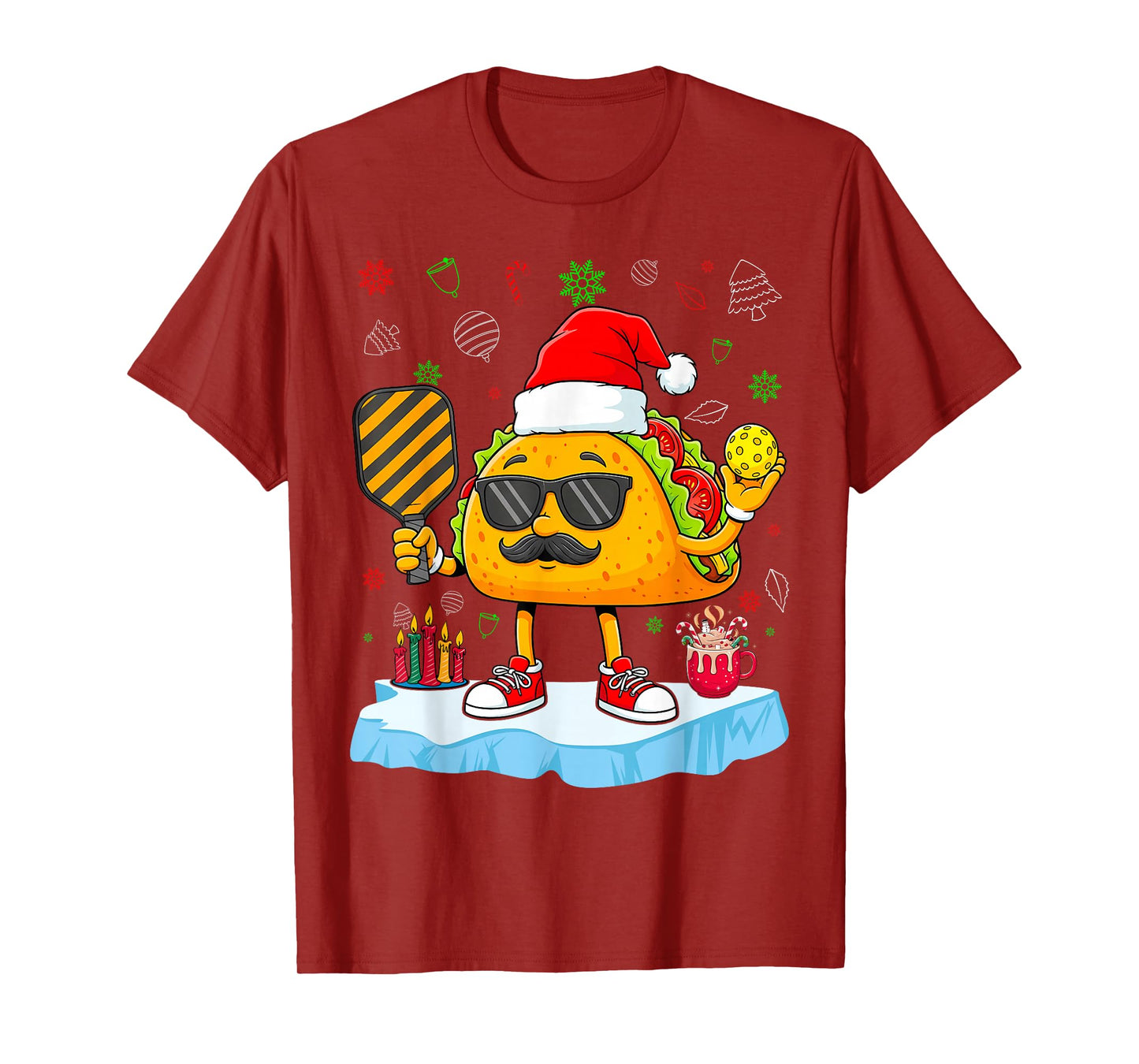 Taco with Santa Hat Playing Pickleball Christmas Party T-Shirt