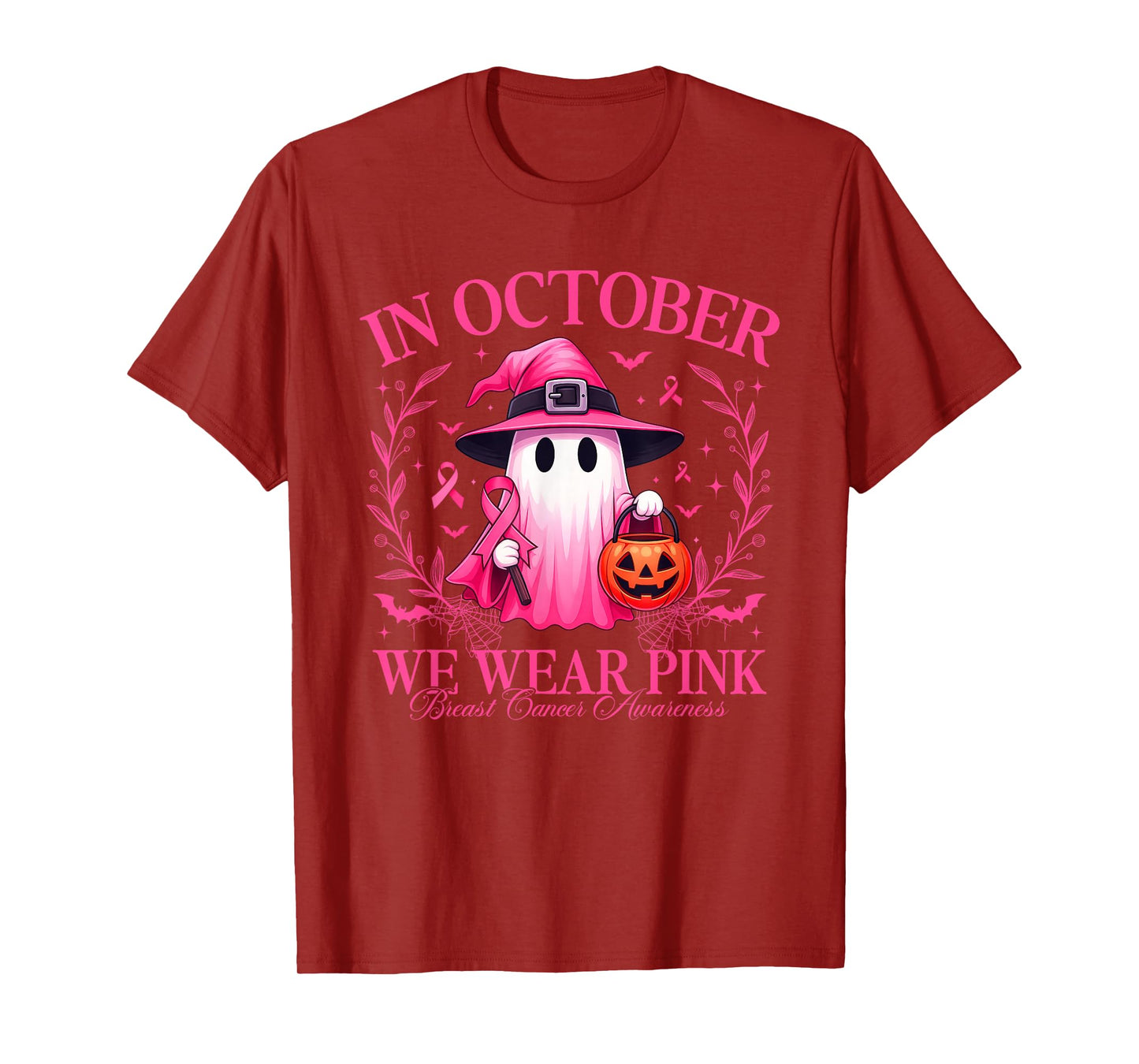 Ghost Witch in October We Wear Pink Breast Cancer Awareness T-Shirt