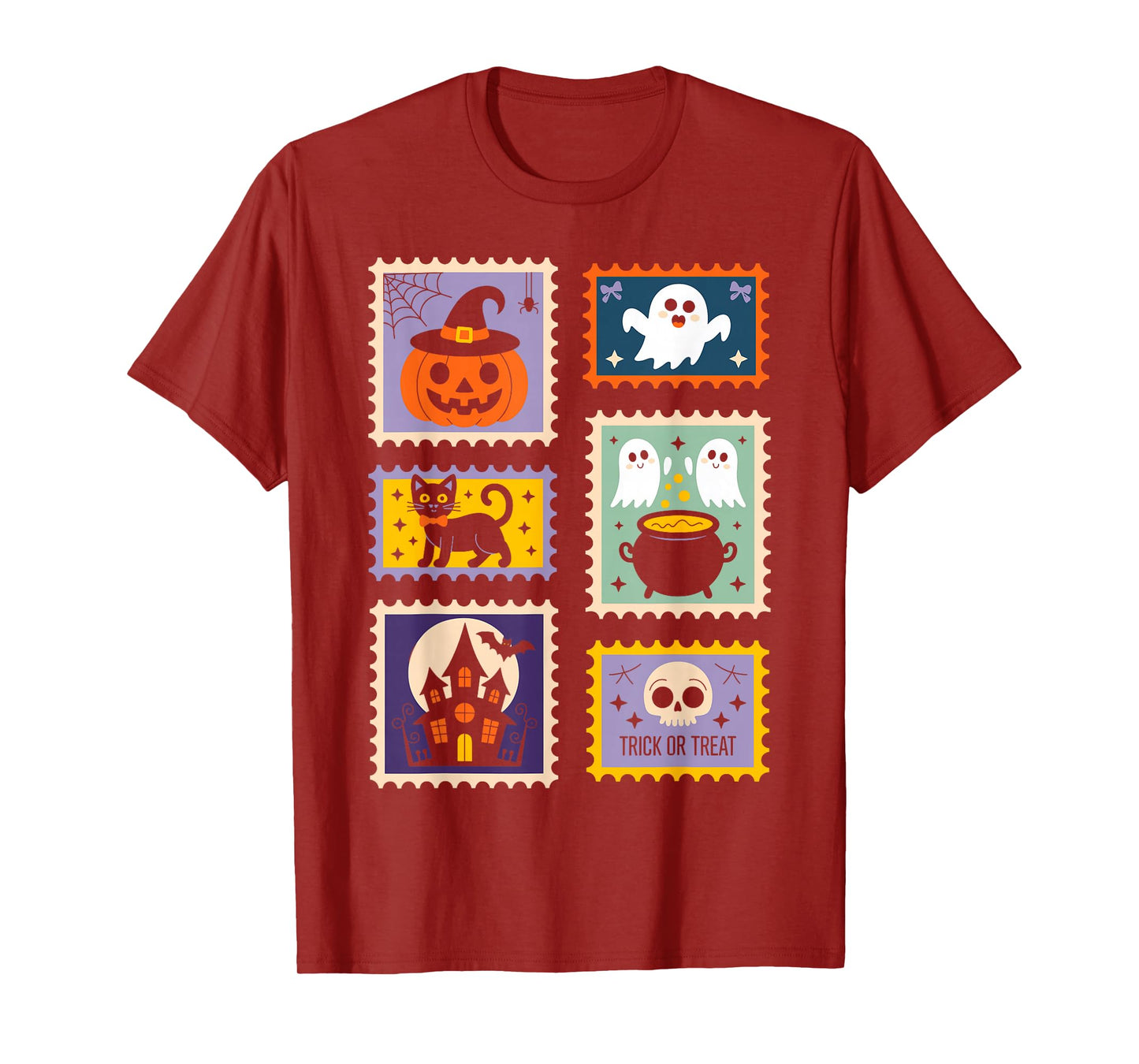 Halloween Stamps Spooky Pumpkin Ghost Cat Witch Skeleton T-Shirt