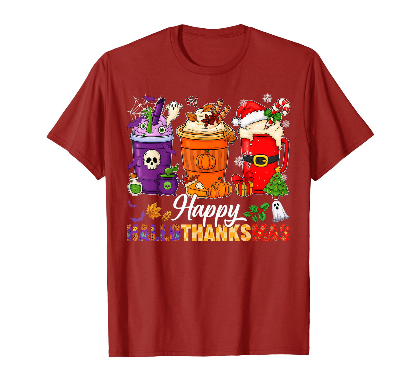 Happy Hallothanksmas Coffee Halloween Thanksgiving Christmas T-Shirt