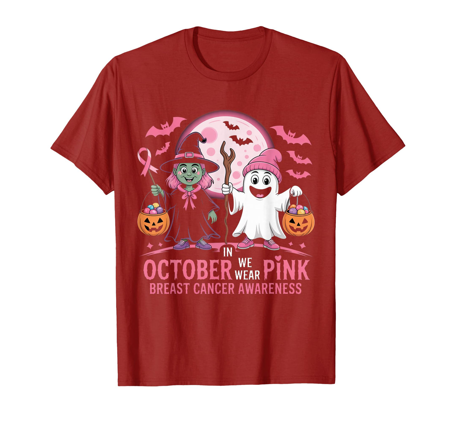 in October We Wear Pink Ghost Witch Breast Cancer Awareness T-Shirt